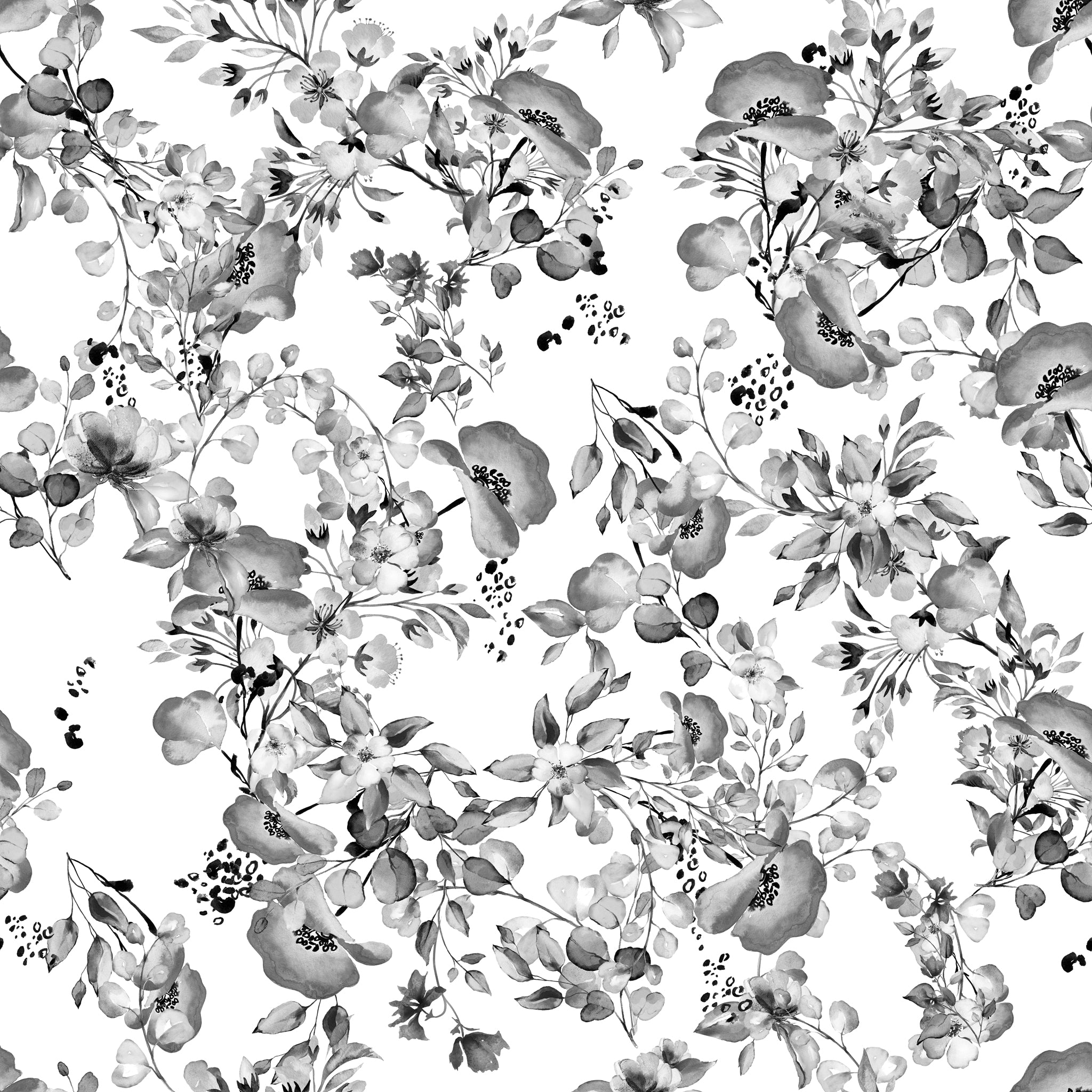 "Wall Blush's Midnight Flower Wallpaper in a monochromatic scheme enhancing a modern bedroom's elegance."
