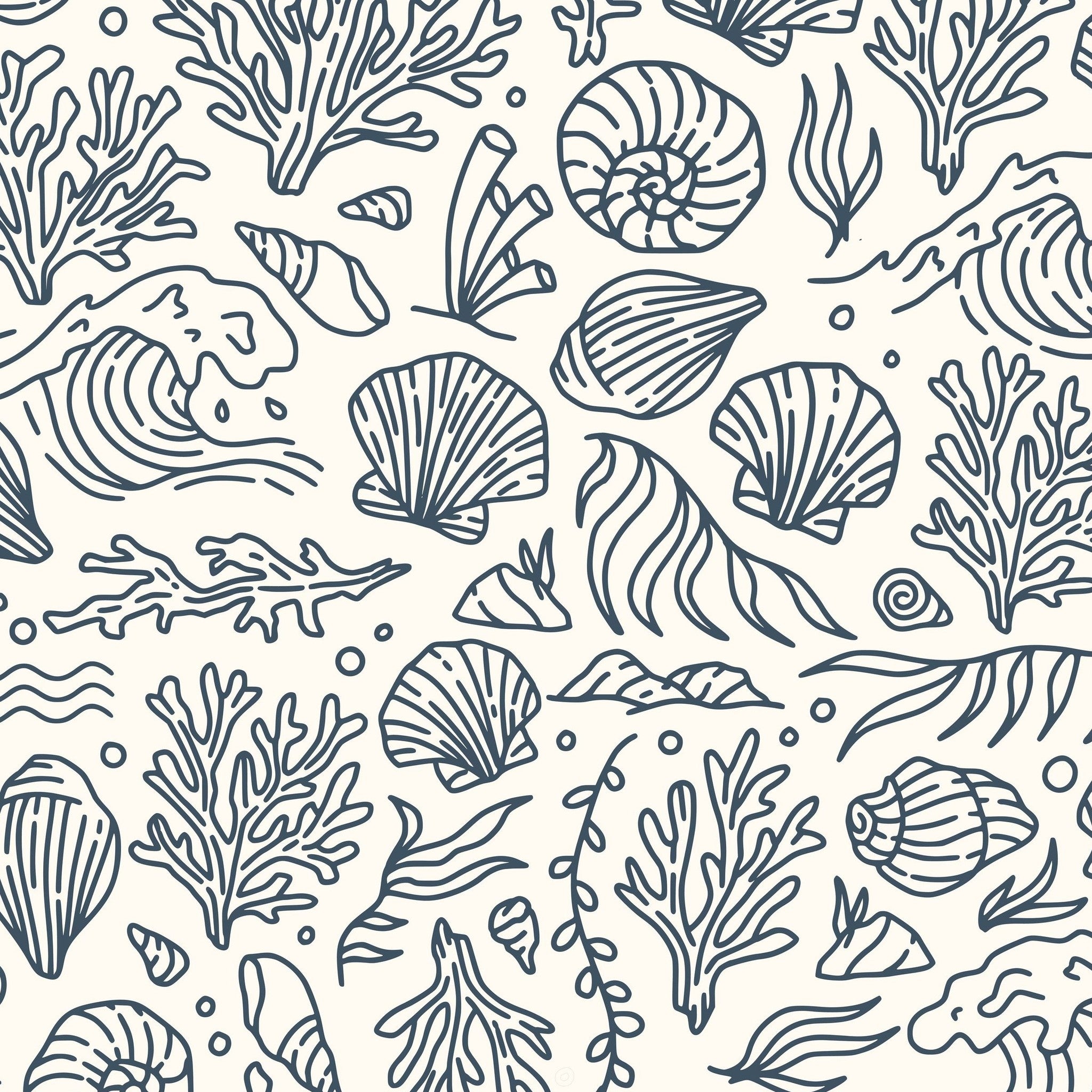 Slate blue coastal motifs on cream wallpaper with shells and waves.