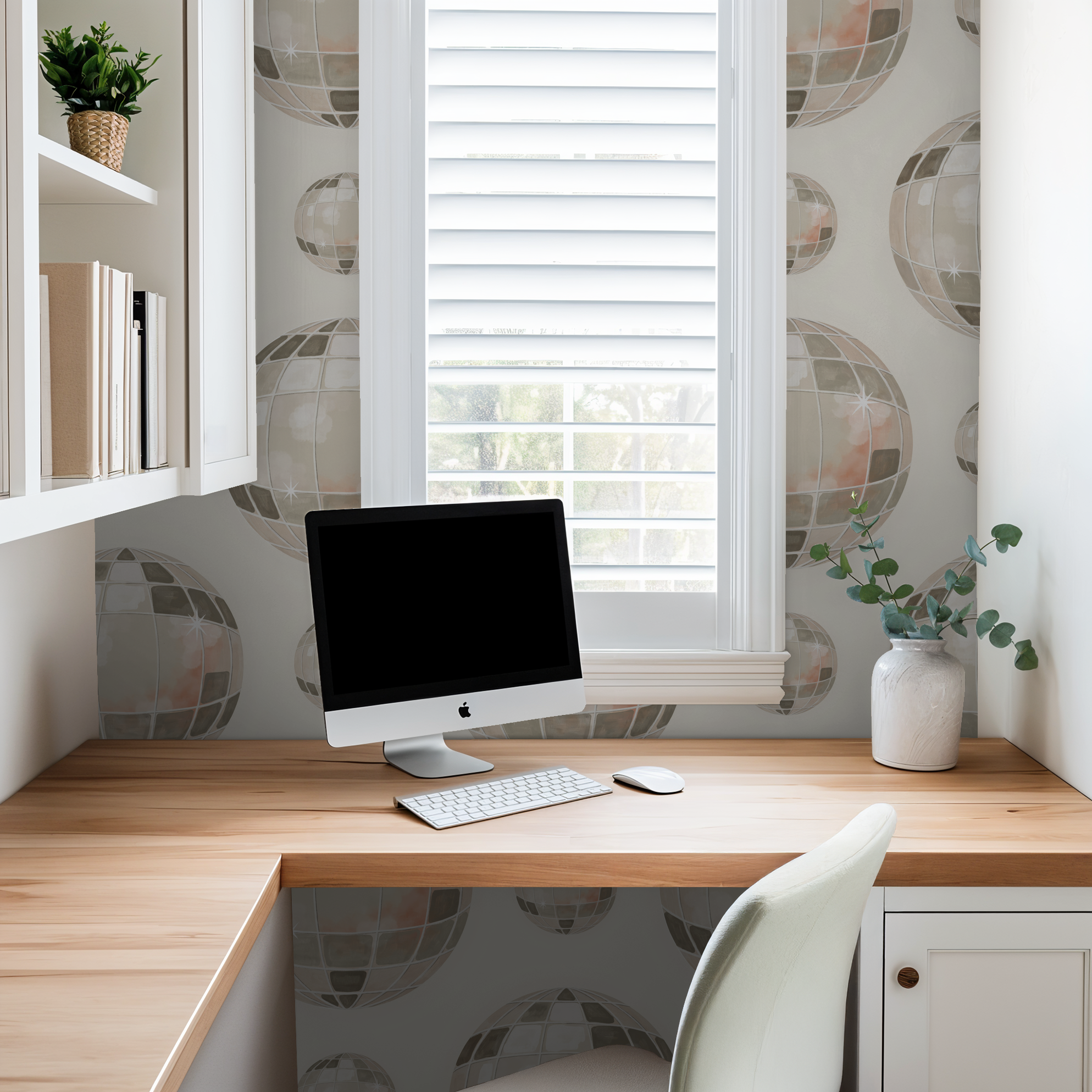 Showtime wallpaper with mirrored globes in a modern home office setting.