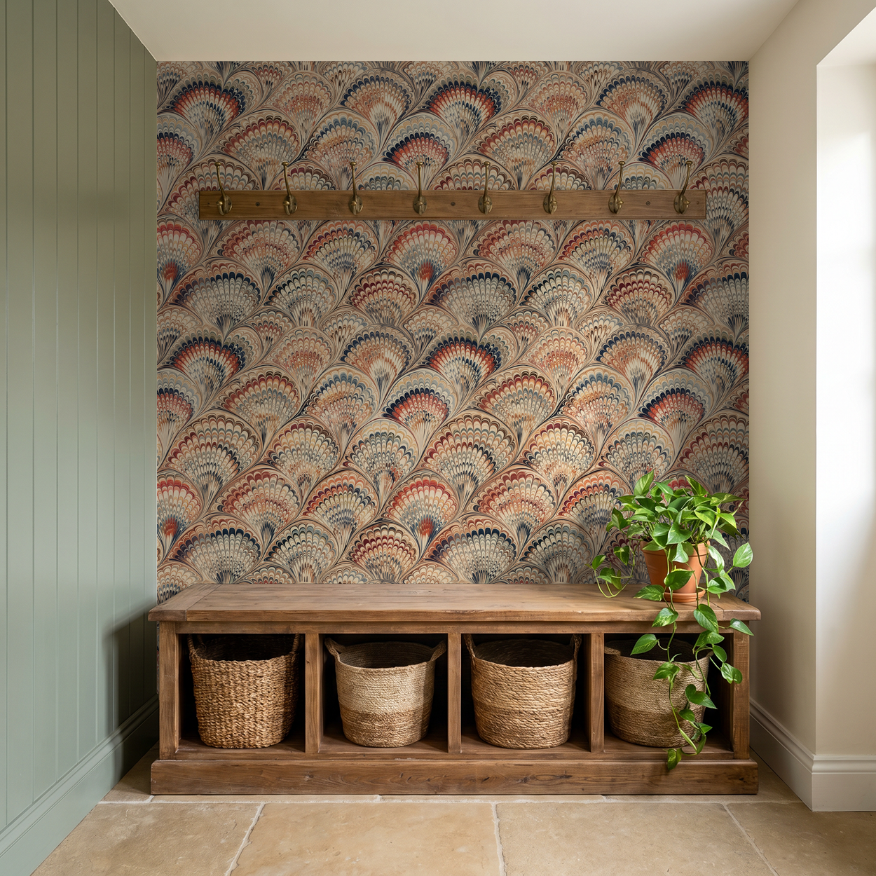 Siena Plume wallpaper with floral pattern in warm tones in a rustic entryway.
