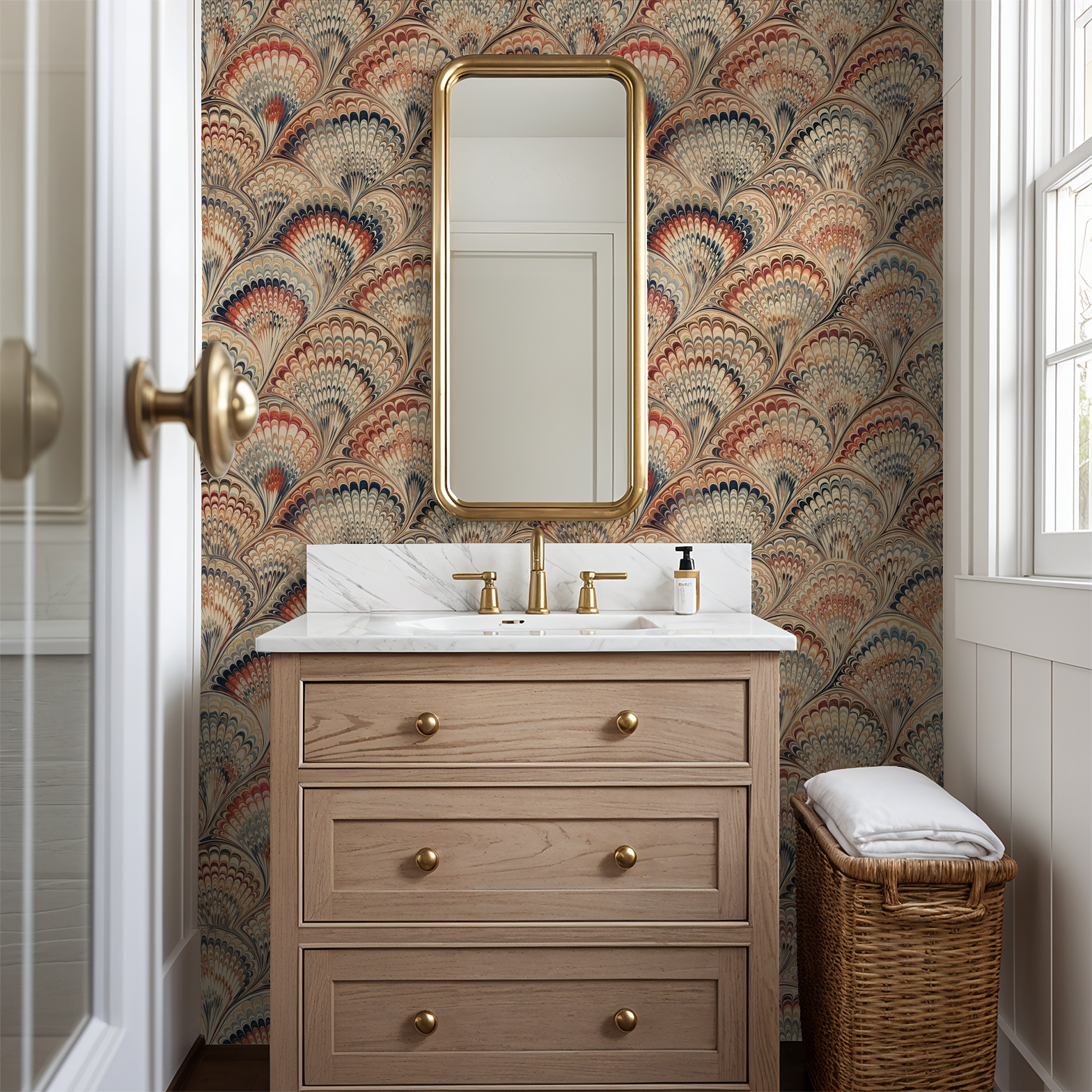 Bathroom with Siena Plume wallpaper featuring organic floral patterns and warm tones.