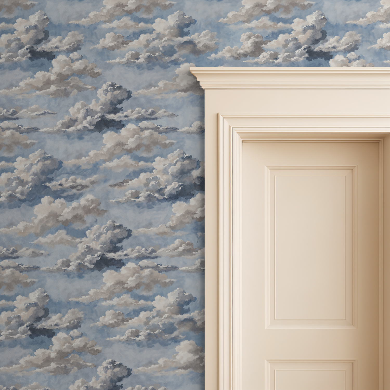 Skyphoria wallpaper with soft blue and gray clouds beside a cream door frame.