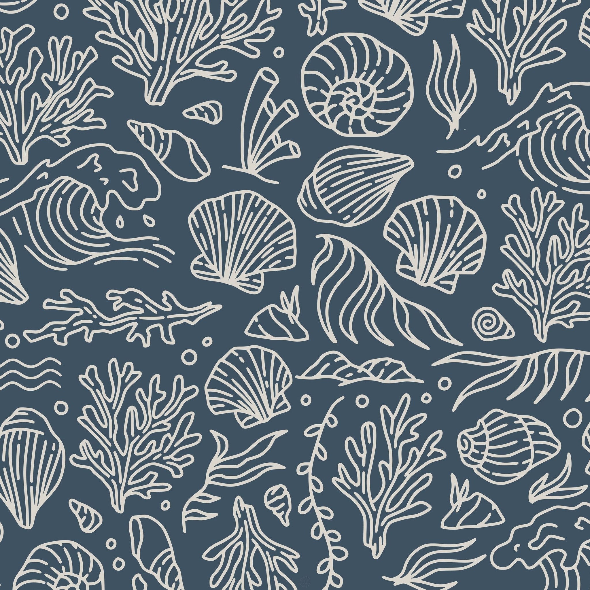 Slate blue wallpaper with white shell and coral sketches, oceanic theme.