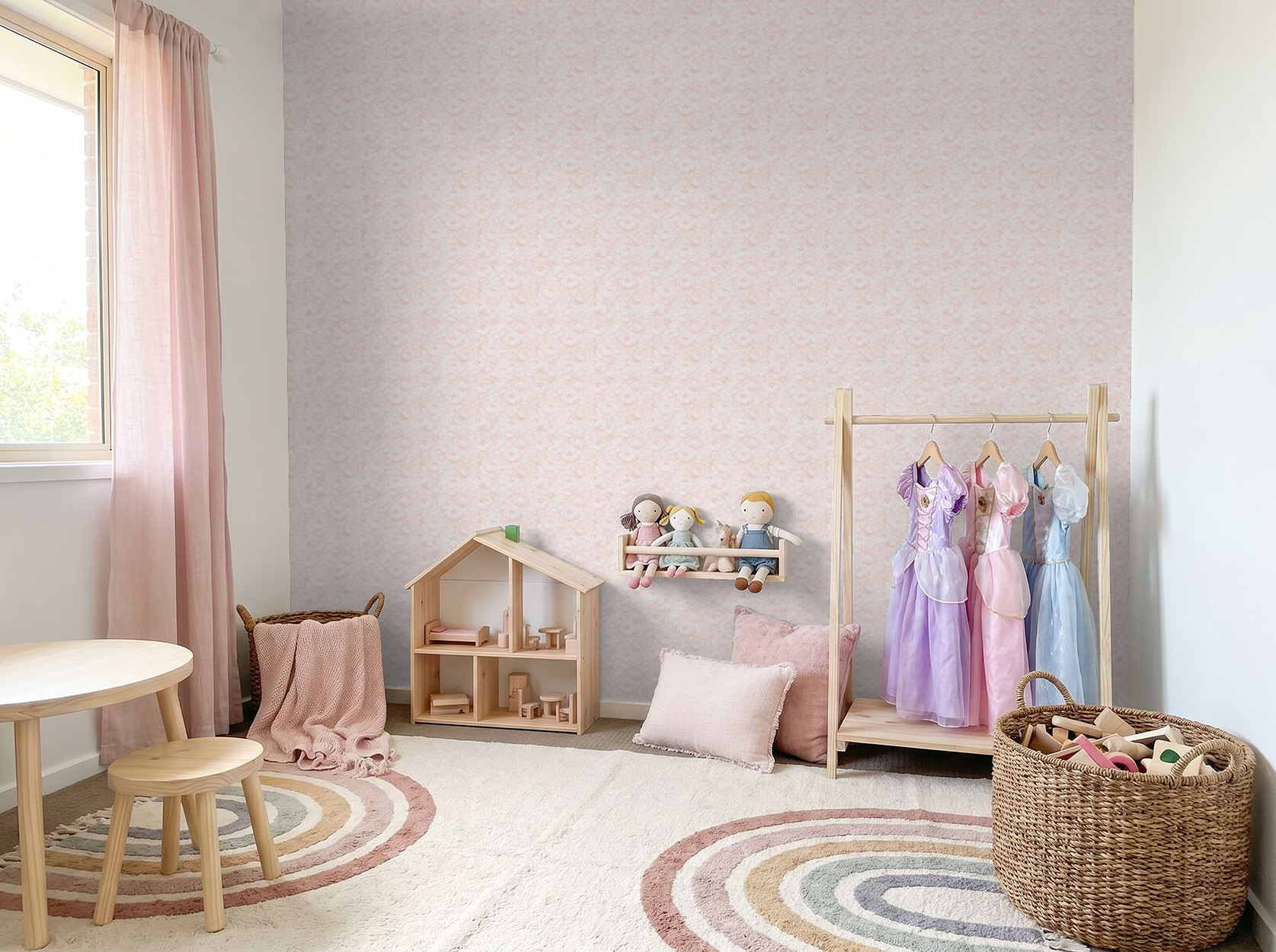 Soft pink floral wallpaper in cozy nursery with toys and pastel decor.