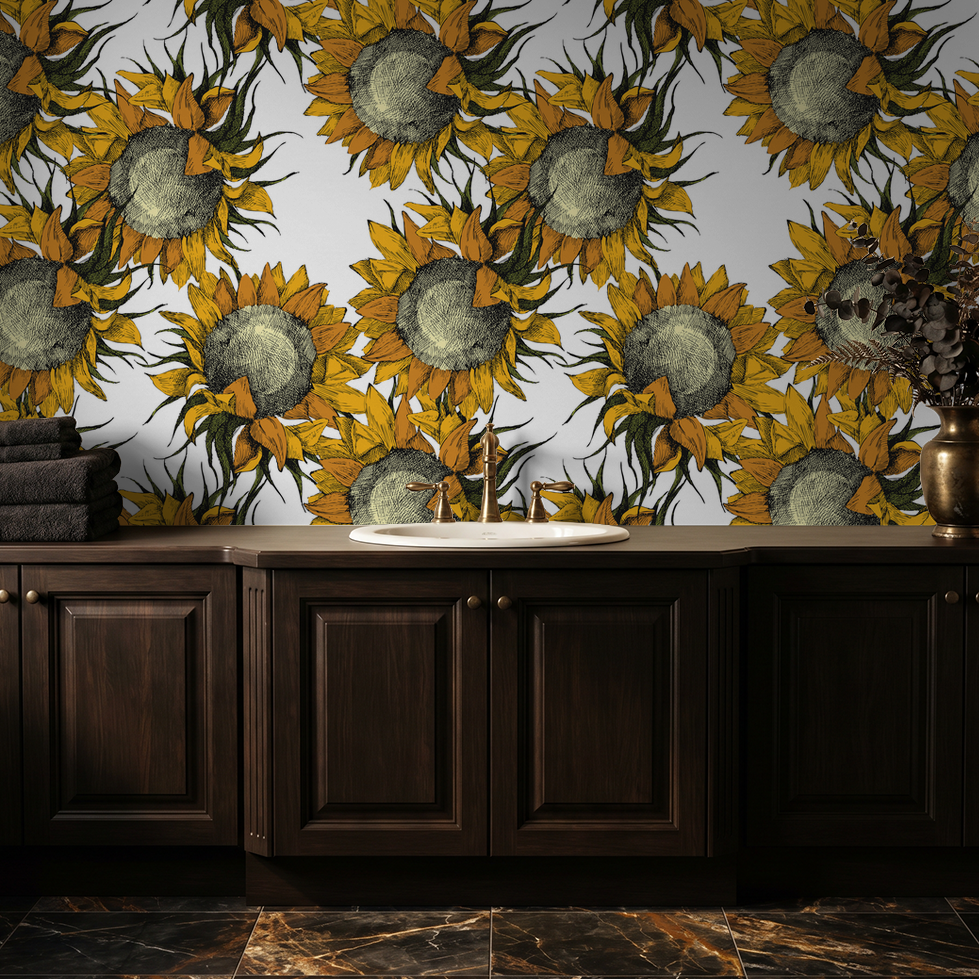 Sunflower wallpaper in dark wood kitchen with marble floor, vibrant and rustic.