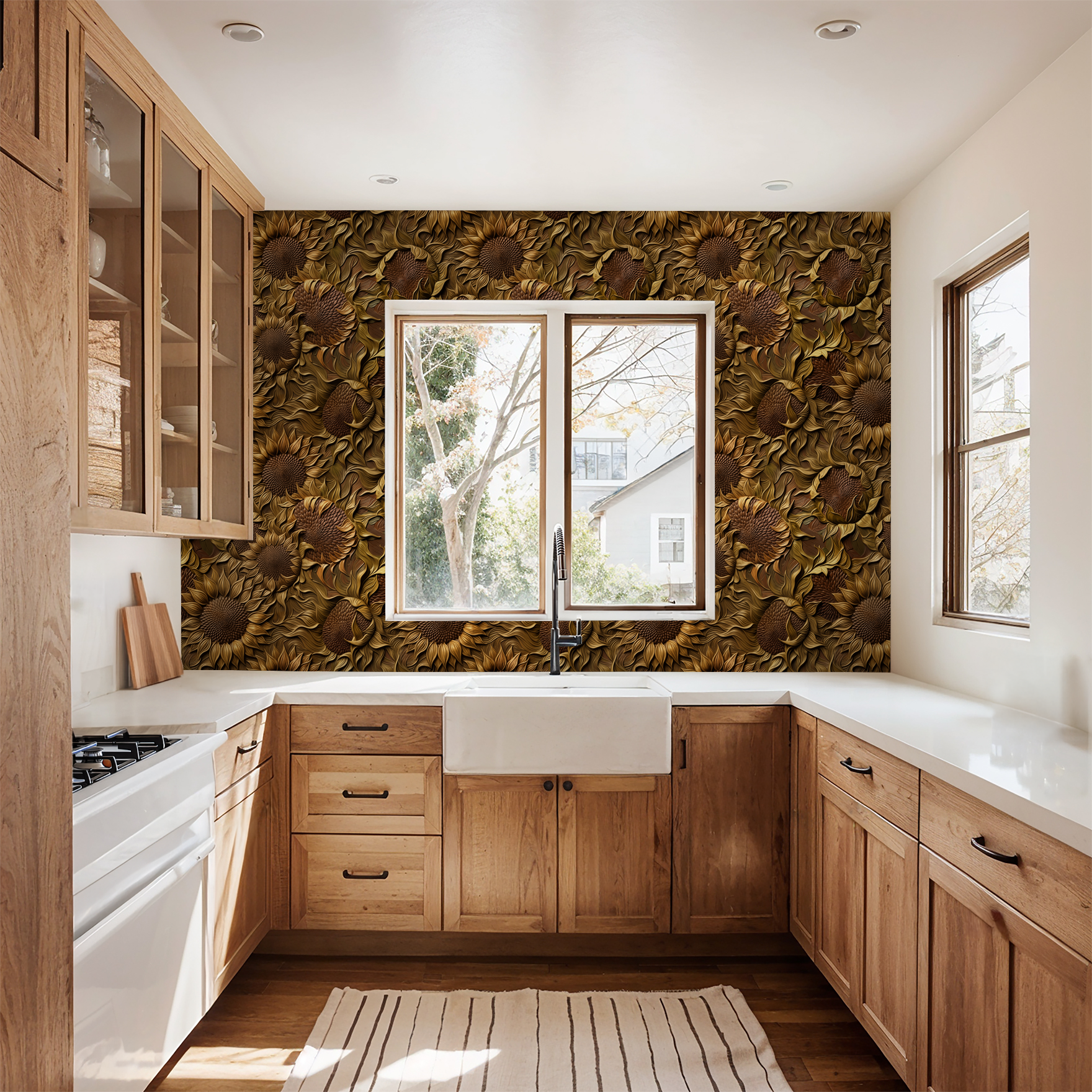 Sunflower wallpaper with golden tendrils in rustic kitchen setting.