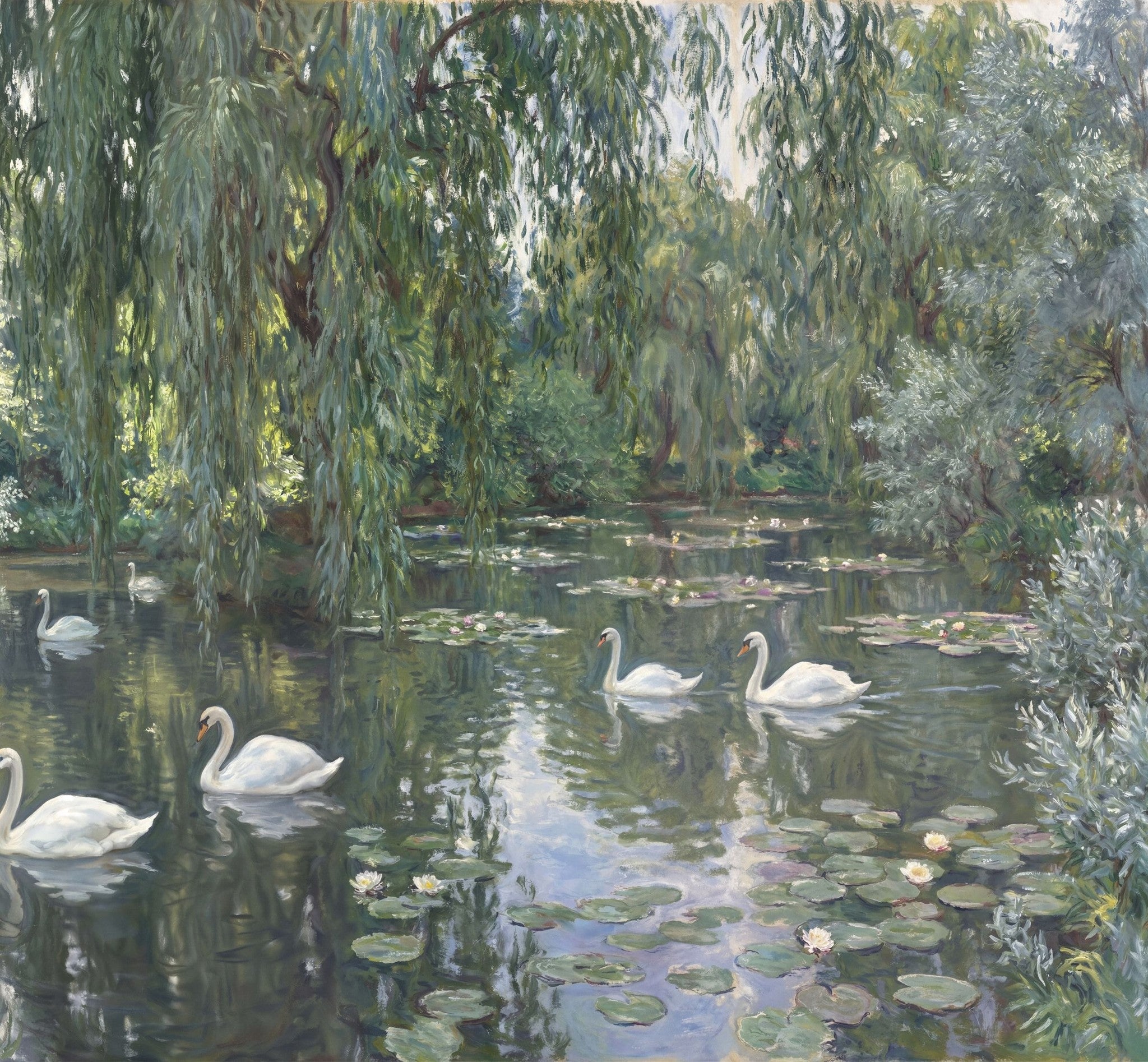 Elegant wallpaper with swans on a pond surrounded by lush greenery and willow trees.