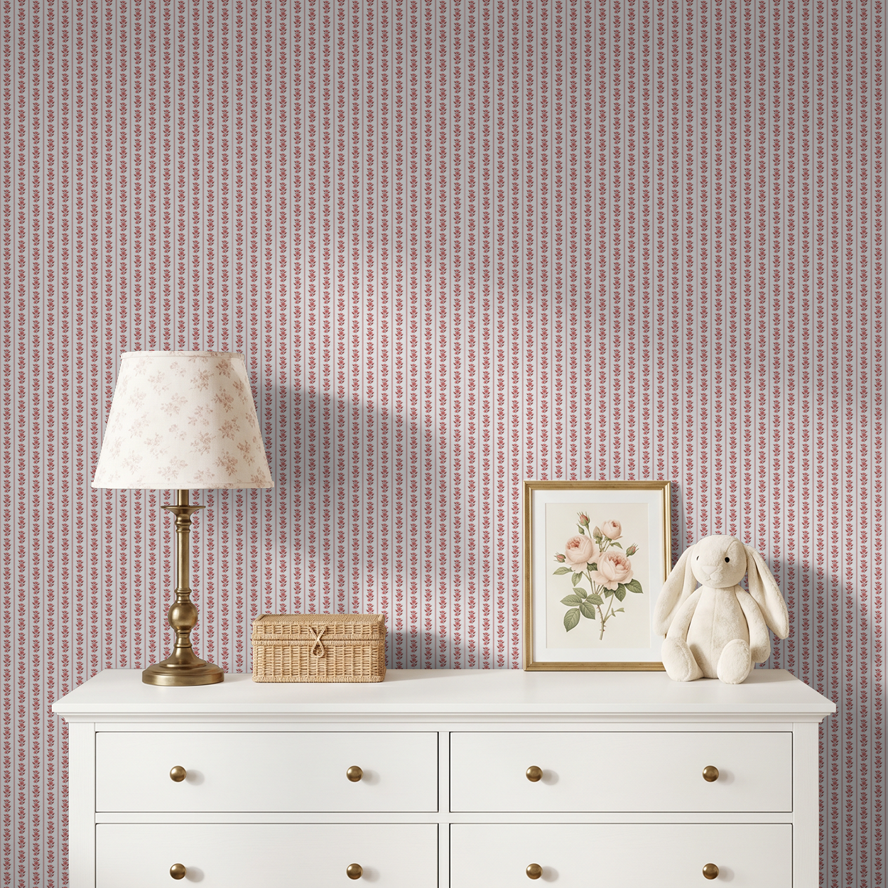Sweet Josie Stripe wallpaper with pink florals and stripes in a cozy room setting.