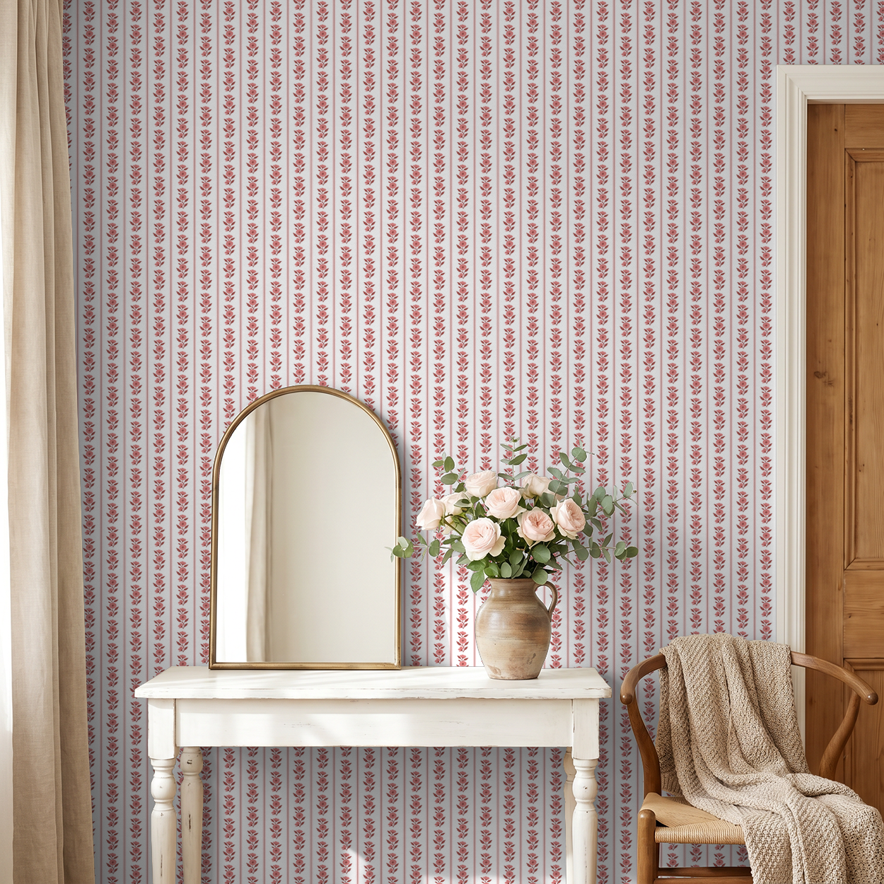 Sweet Josie Stripe wallpaper with red floral pattern in cozy room with mirror and flowers.