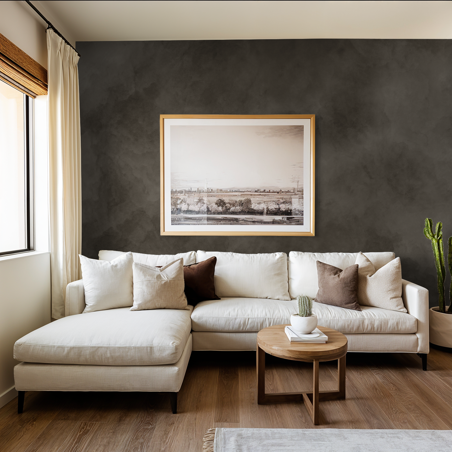 Taupe abstract wallpaper in modern living room with white sofa and framed artwork.