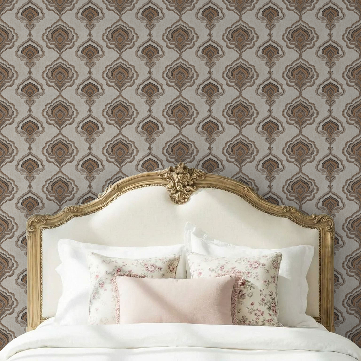 Elegant taupe and caramel ornate wallpaper in classic bedroom setting