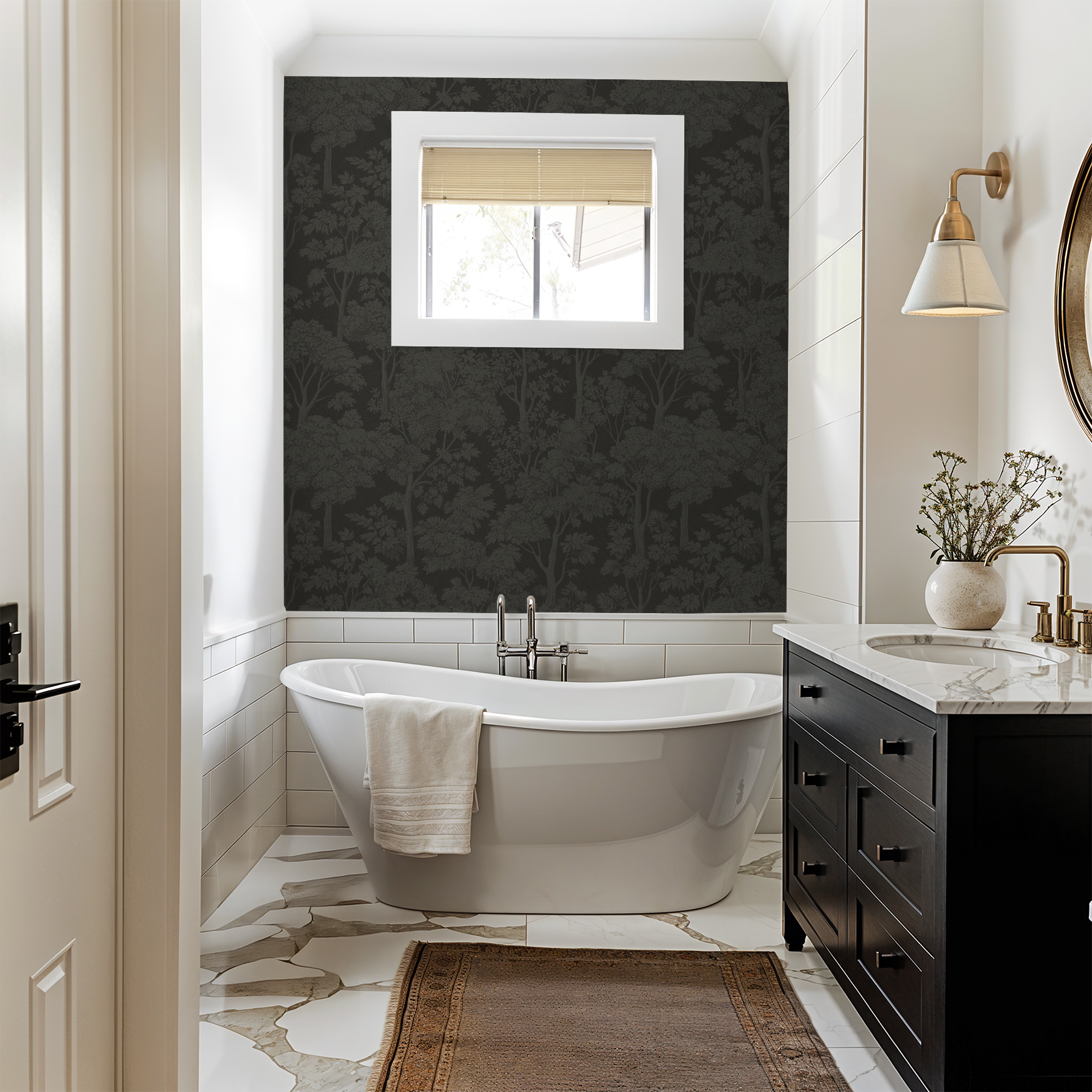Taupe tree silhouette wallpaper in elegant bathroom with freestanding tub.