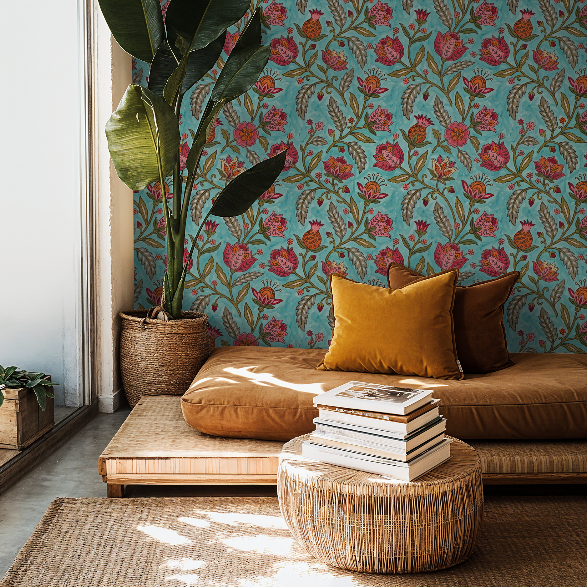 Boho living room with teal floral wallpaper, rattan furniture, and mustard cushions.
