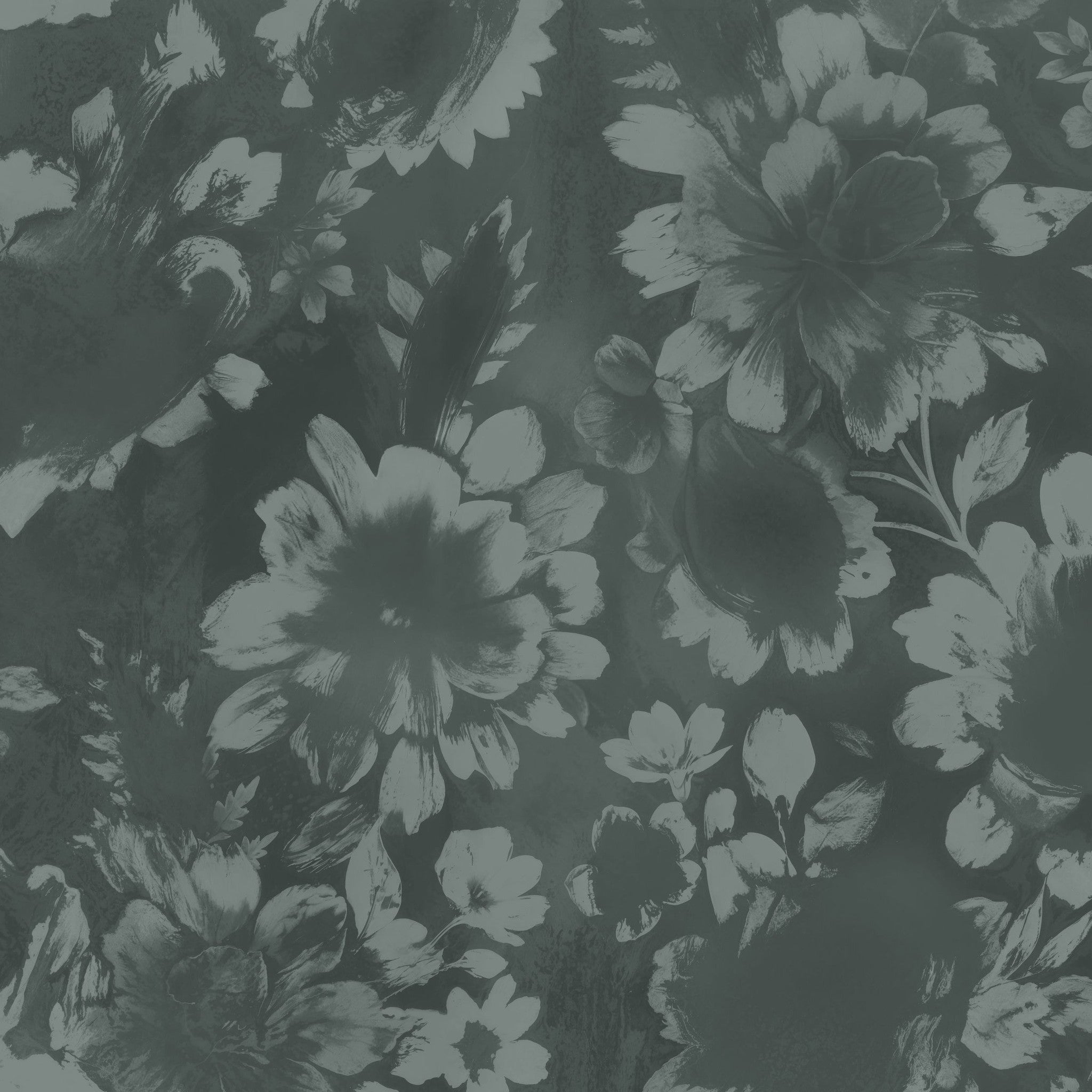 Teal floral wallpaper with bold blooms and dark botanical motifs.