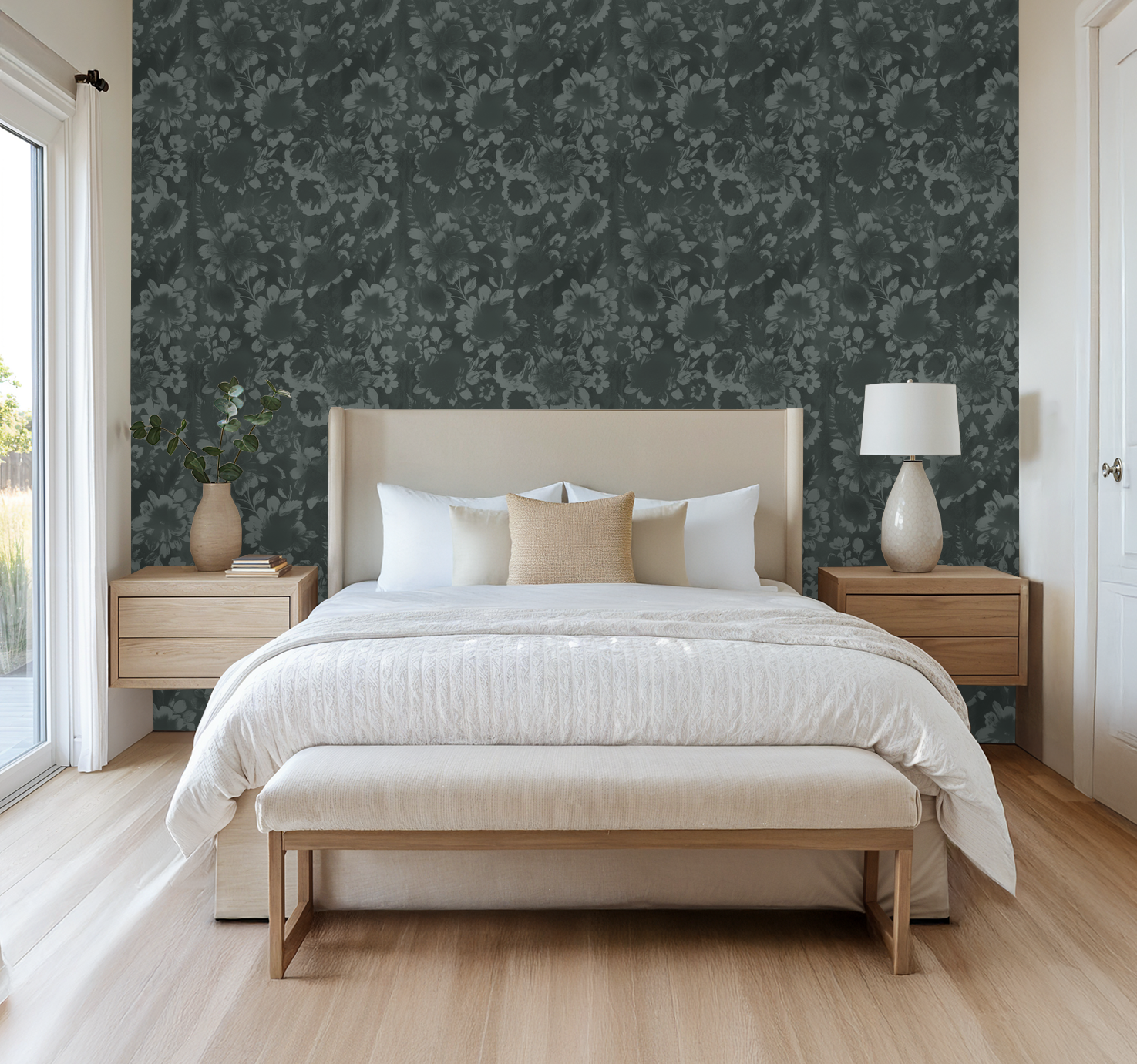Teal floral wallpaper in elegant bedroom with beige decor and wooden furniture.