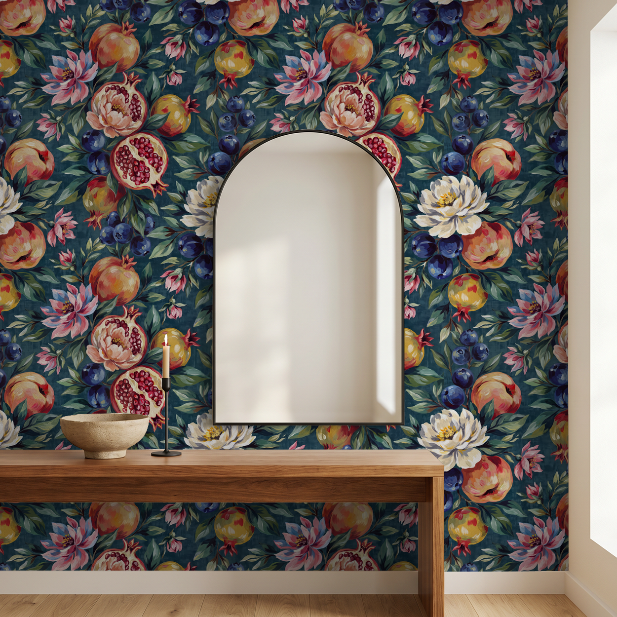Teal wallpaper with pomegranates, blueberries, and florals in a dining room setting.