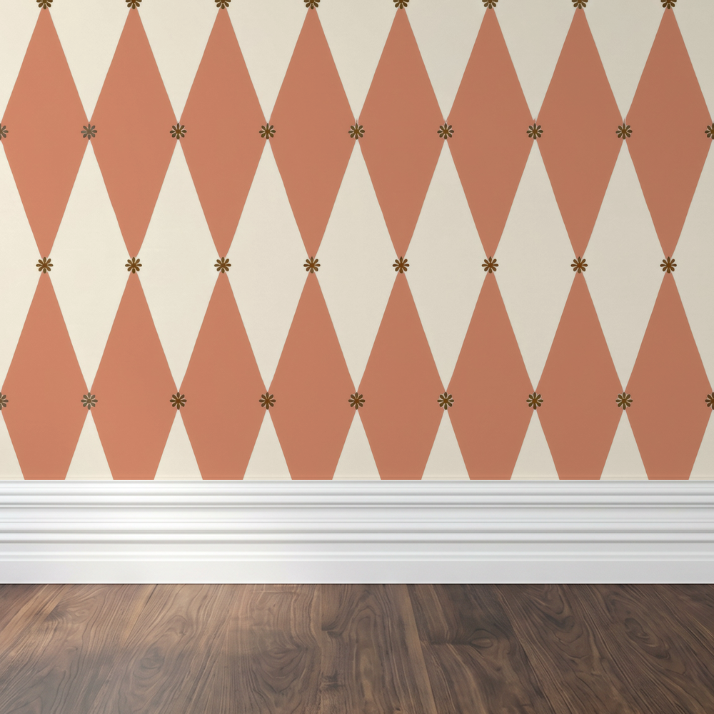 Terracotta diamond pattern wallpaper with cream background in a modern room.
