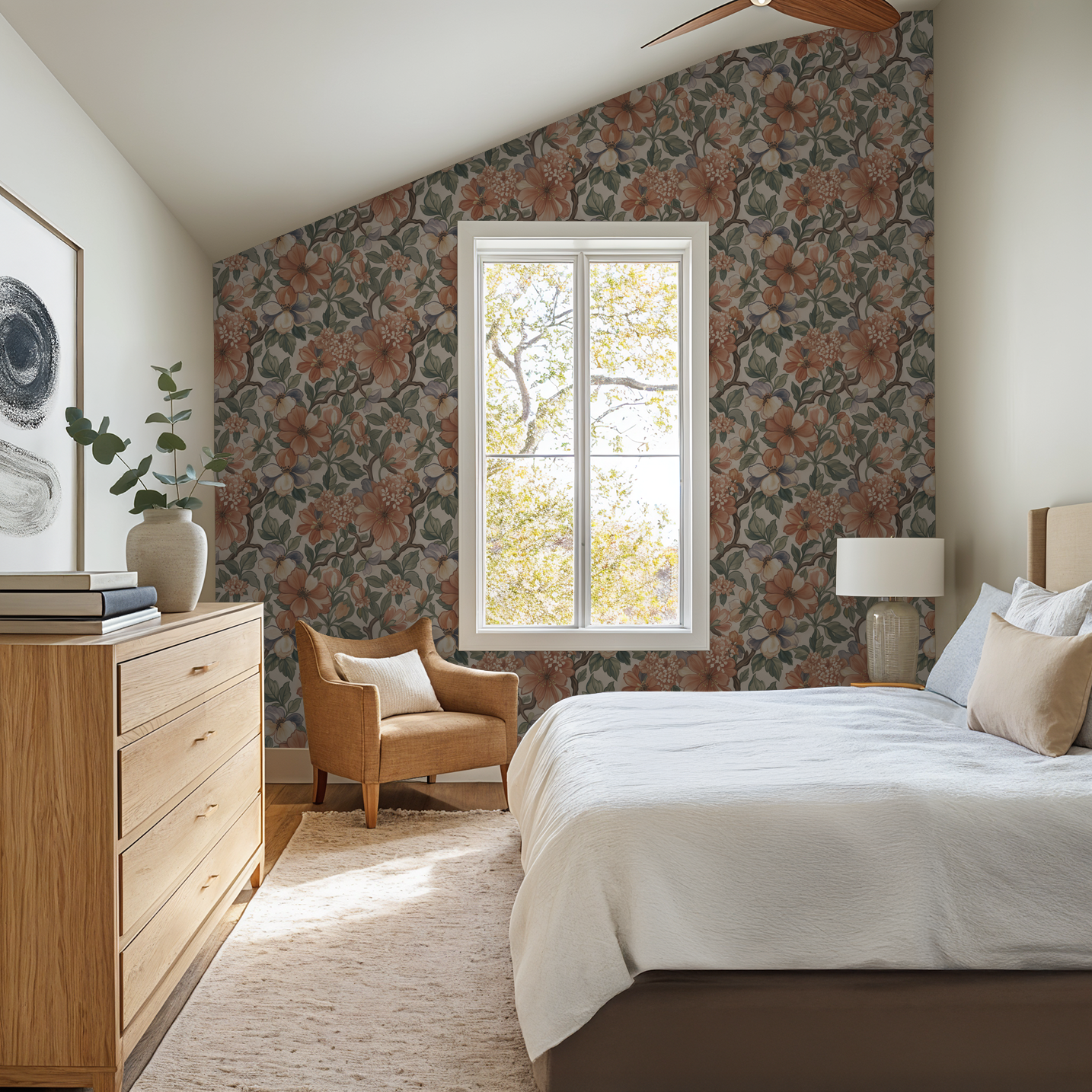 Bedroom with terracotta and peach floral wallpaper, wooden furniture, and large window.