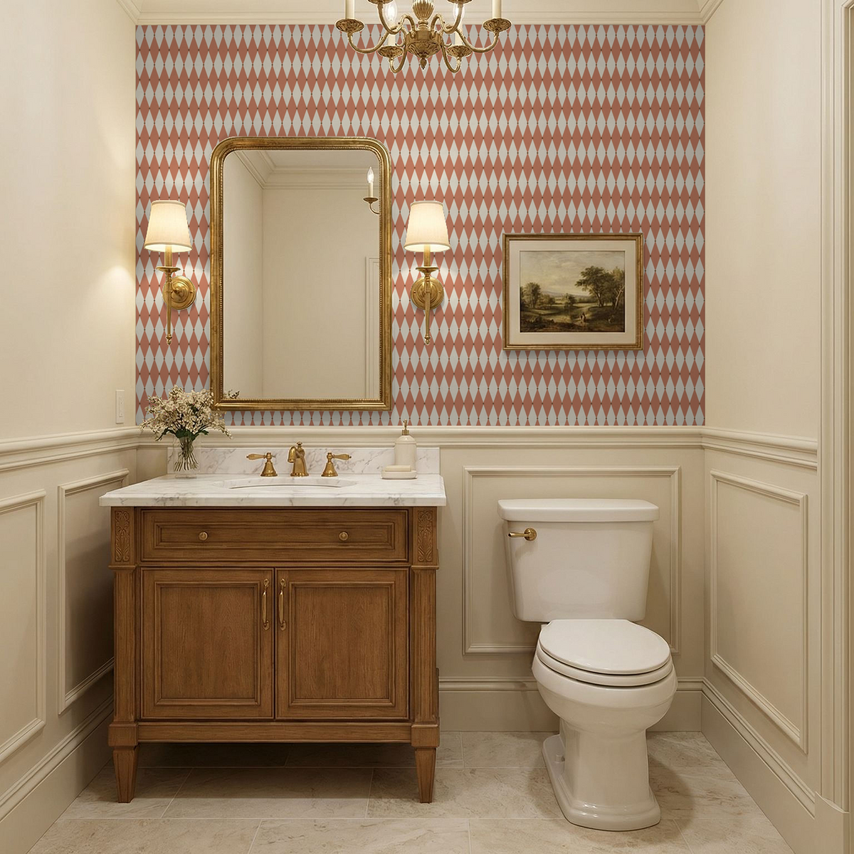 Terracotta diamond pattern wallpaper in elegant bathroom with wood vanity.