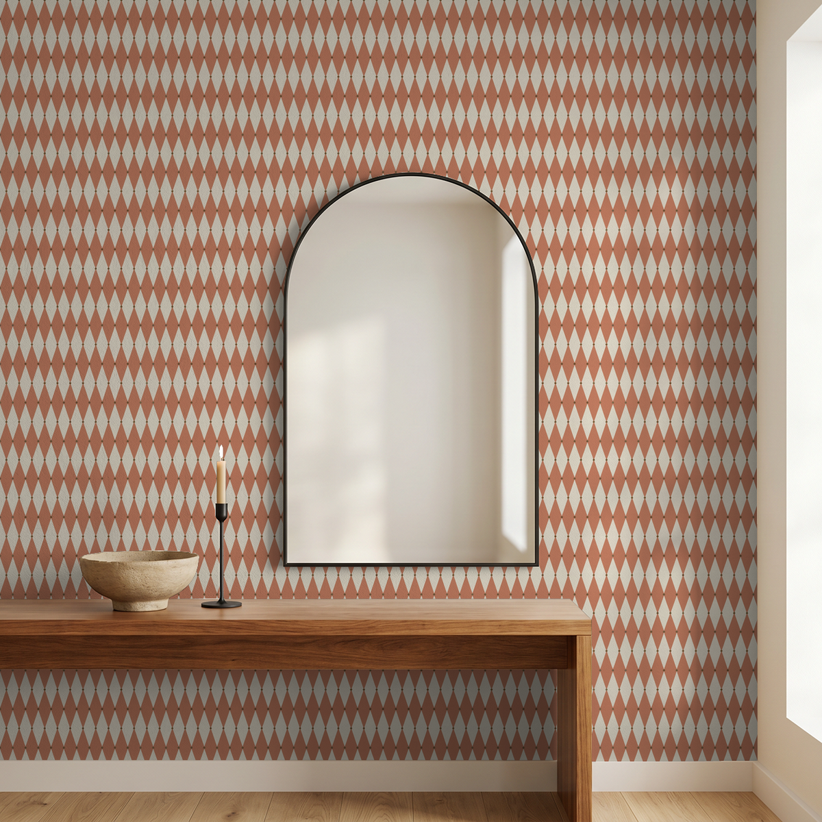 Terracotta diamond pattern wallpaper in modern room with wooden console and mirror.