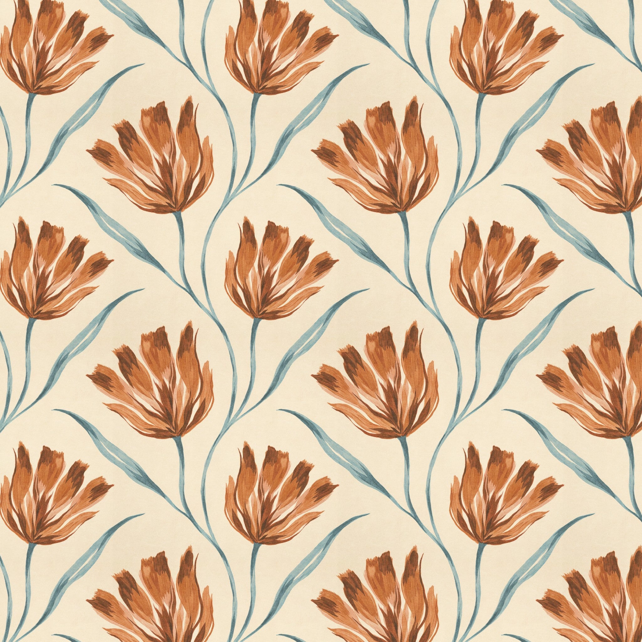 Terracotta floral wallpaper with cream background and teal leaves, botanical pattern.