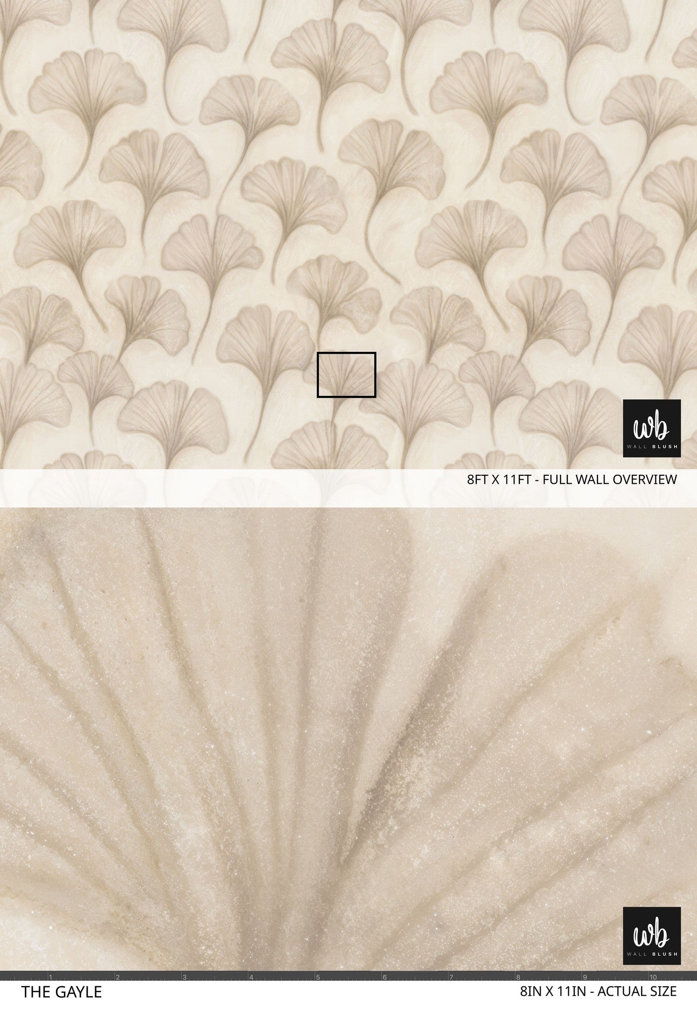The Gayle wallpaper with delicate ginkgo leaves in soft beige tones, creating a serene and elegant atmosphere.