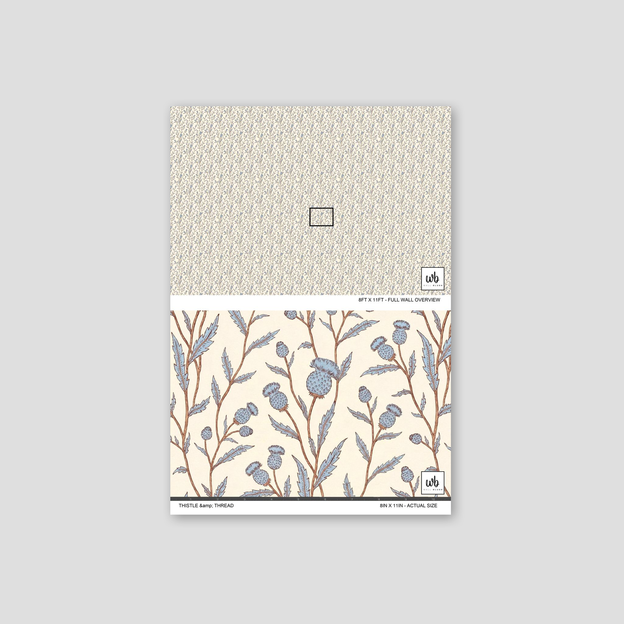 Thistle and Thread wallpaper with blue and brown floral motifs on a cream background.