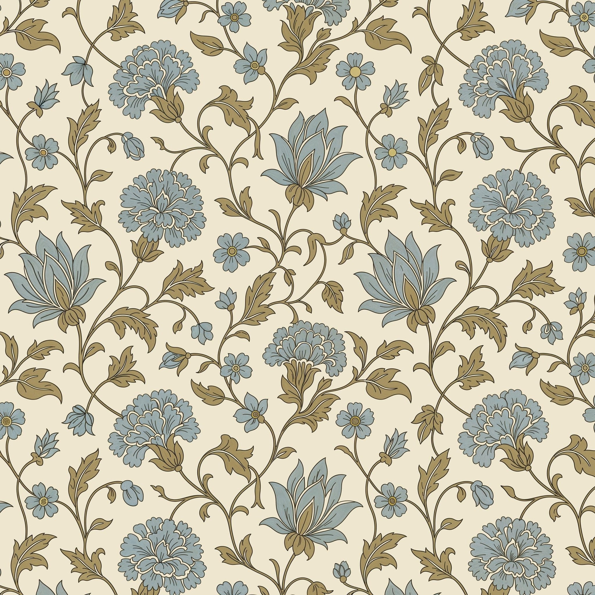 Thornfield Blue wallpaper with floral motifs in blue and gold on cream background.
