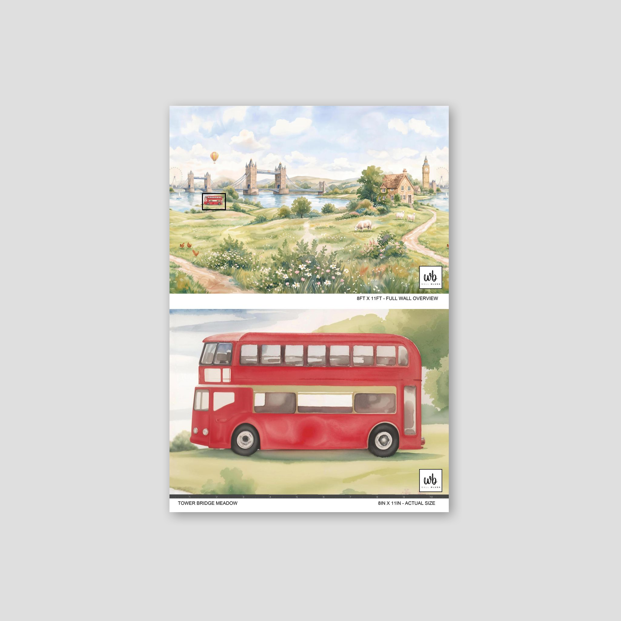 Scenic wallpaper with Tower Bridge, English countryside, red bus, pastoral landscape.