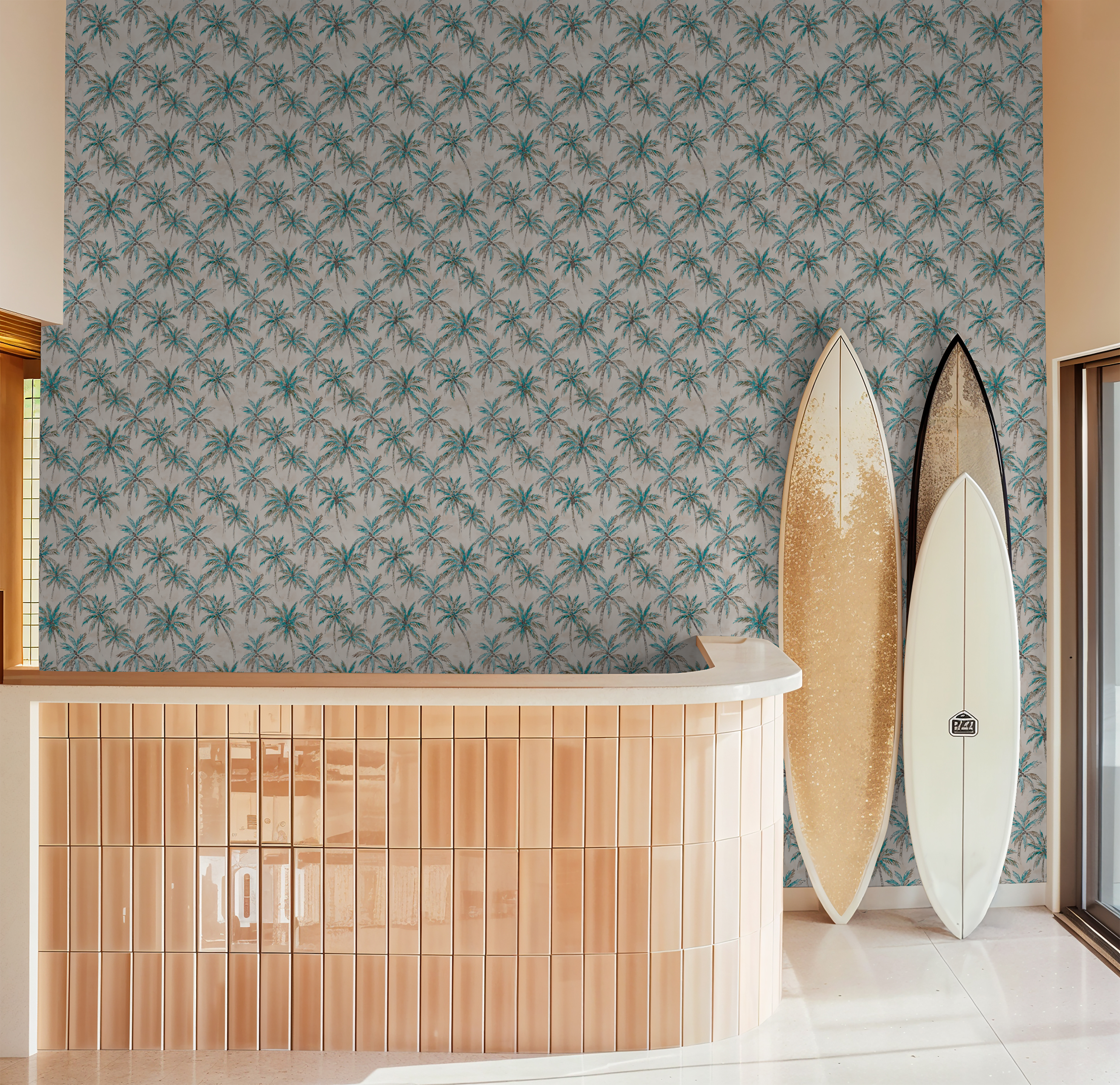 Tropical palm tree wallpaper in a modern room with surfboards and cream tiles.