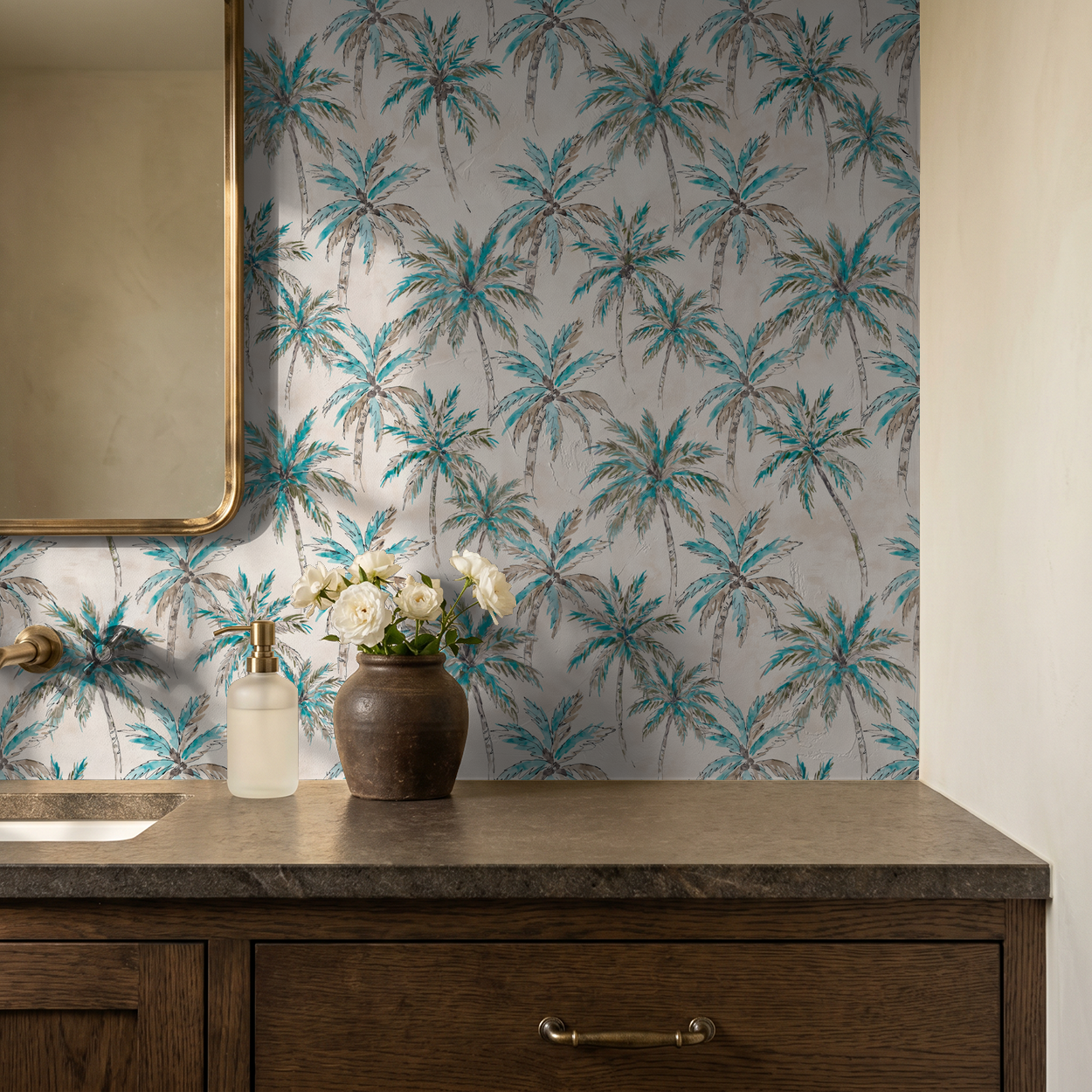 Tropical palm tree wallpaper in turquoise and brown in a bathroom setting.