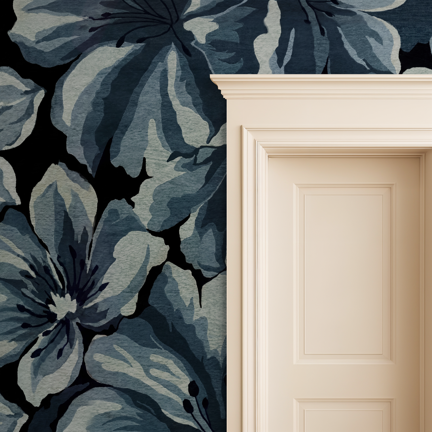 Twilight Blooms wallpaper with oversized blue floral pattern on dark backdrop next to a door.