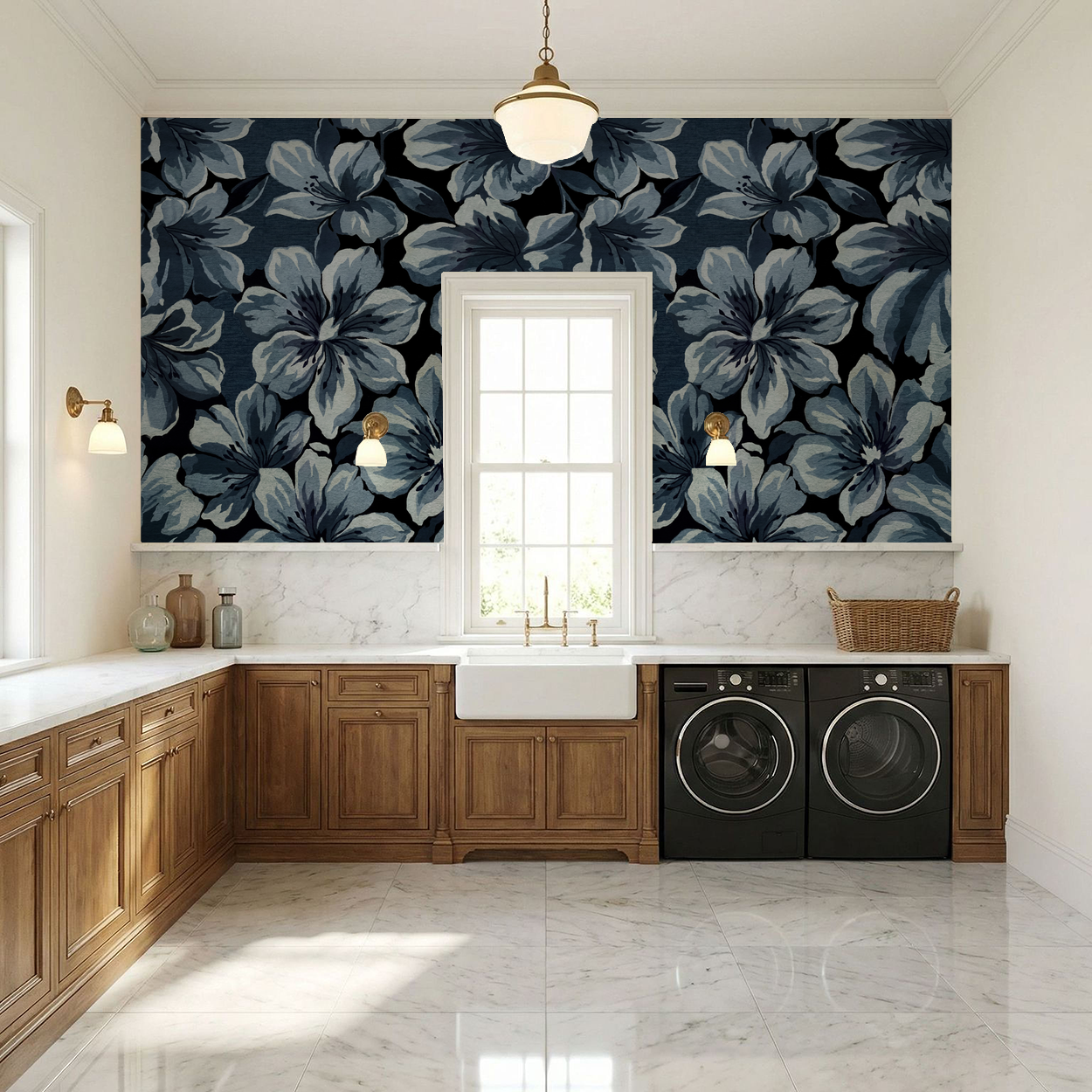 Elegant kitchen with Twilight Blooms floral wallpaper in soft blues and dark backdrop.
