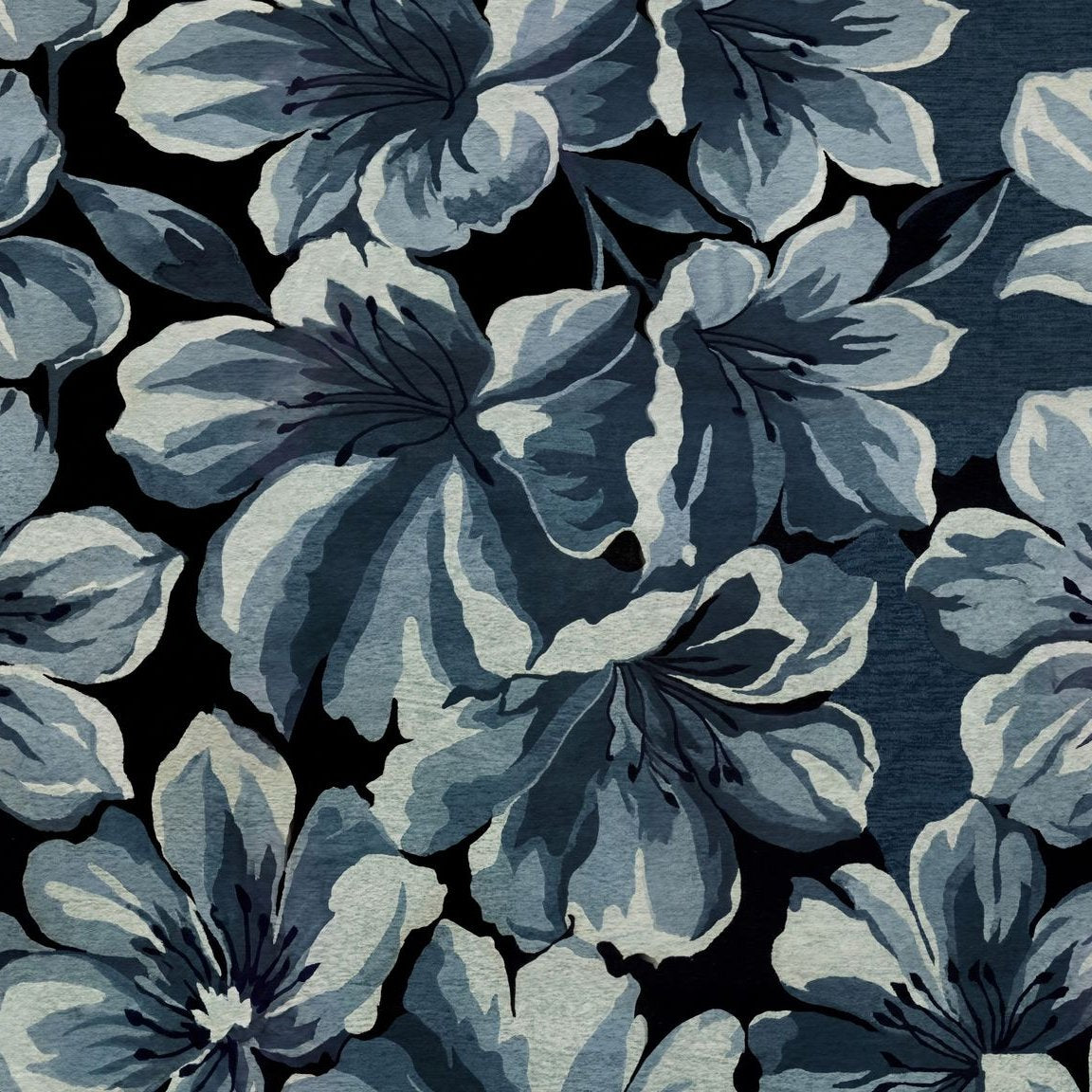 Twilight Blooms wallpaper with oversized blue flowers on dark backdrop