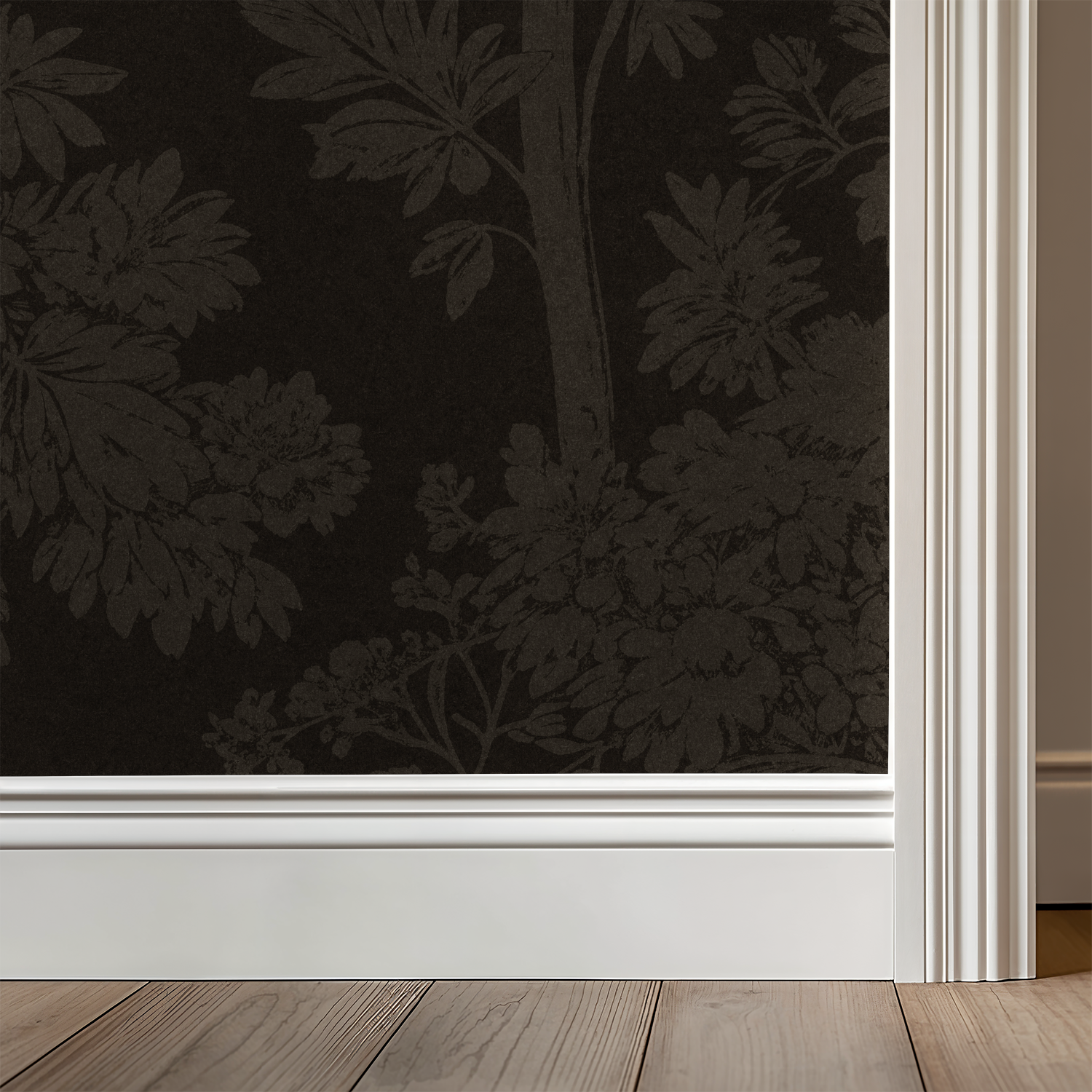 Twilight Canopy wallpaper with bronze tree silhouettes on dark brown background.