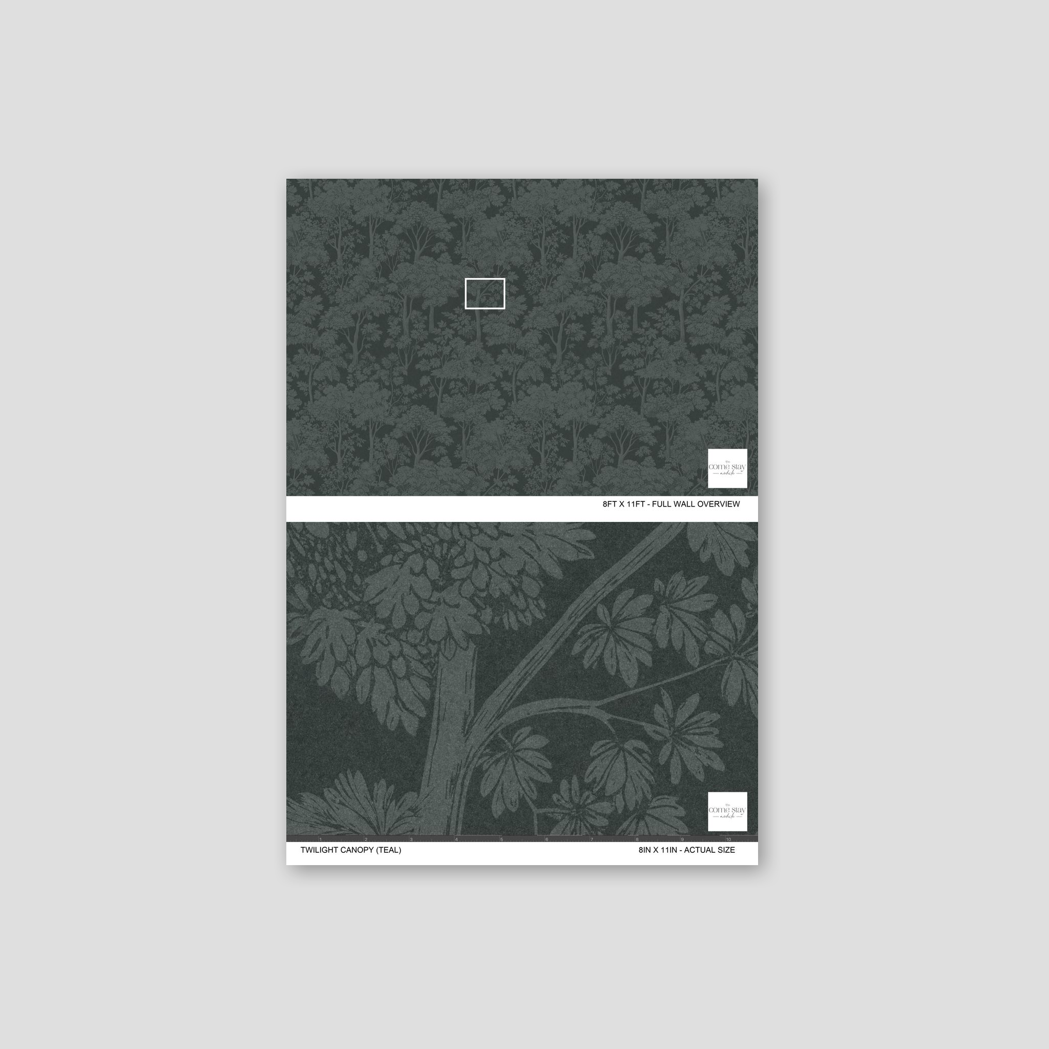 Twilight Canopy teal wallpaper with detailed tree canopy pattern.