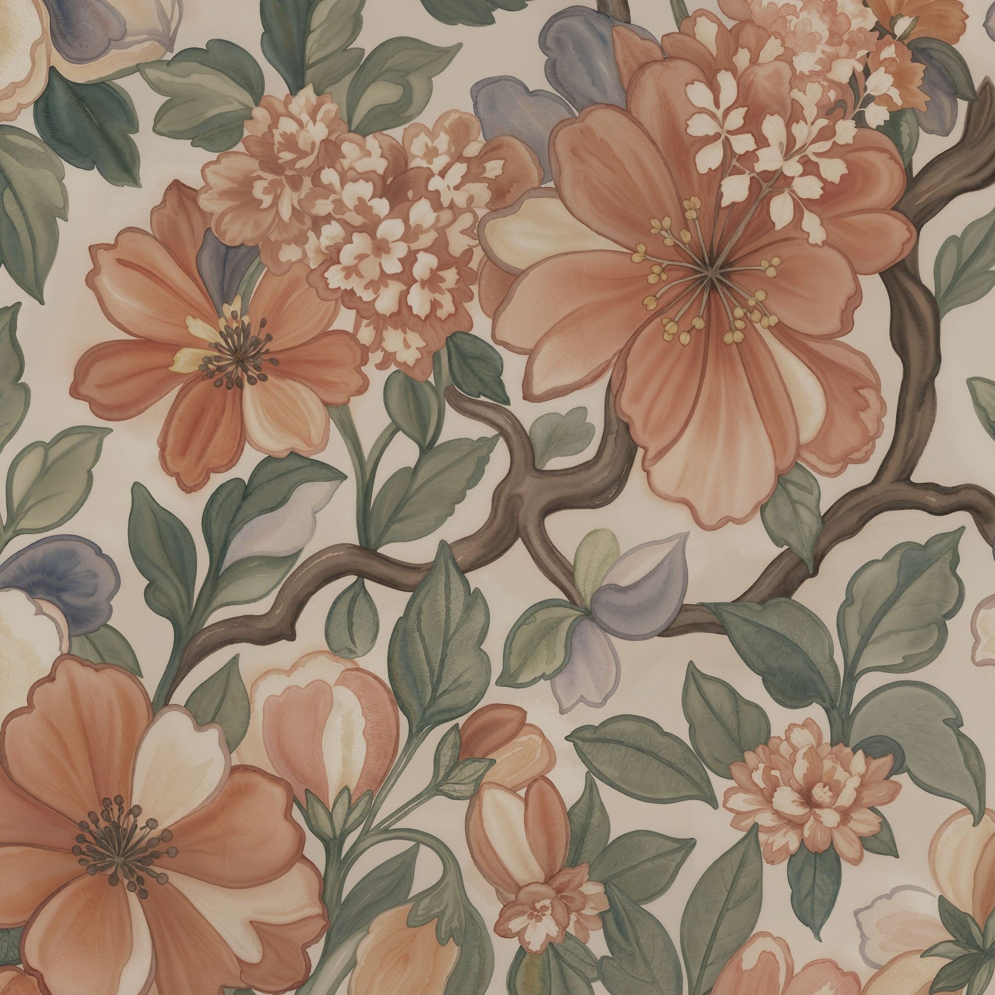 Floral wallpaper with terracotta and peach blooms, green leaves, and intricate details.
