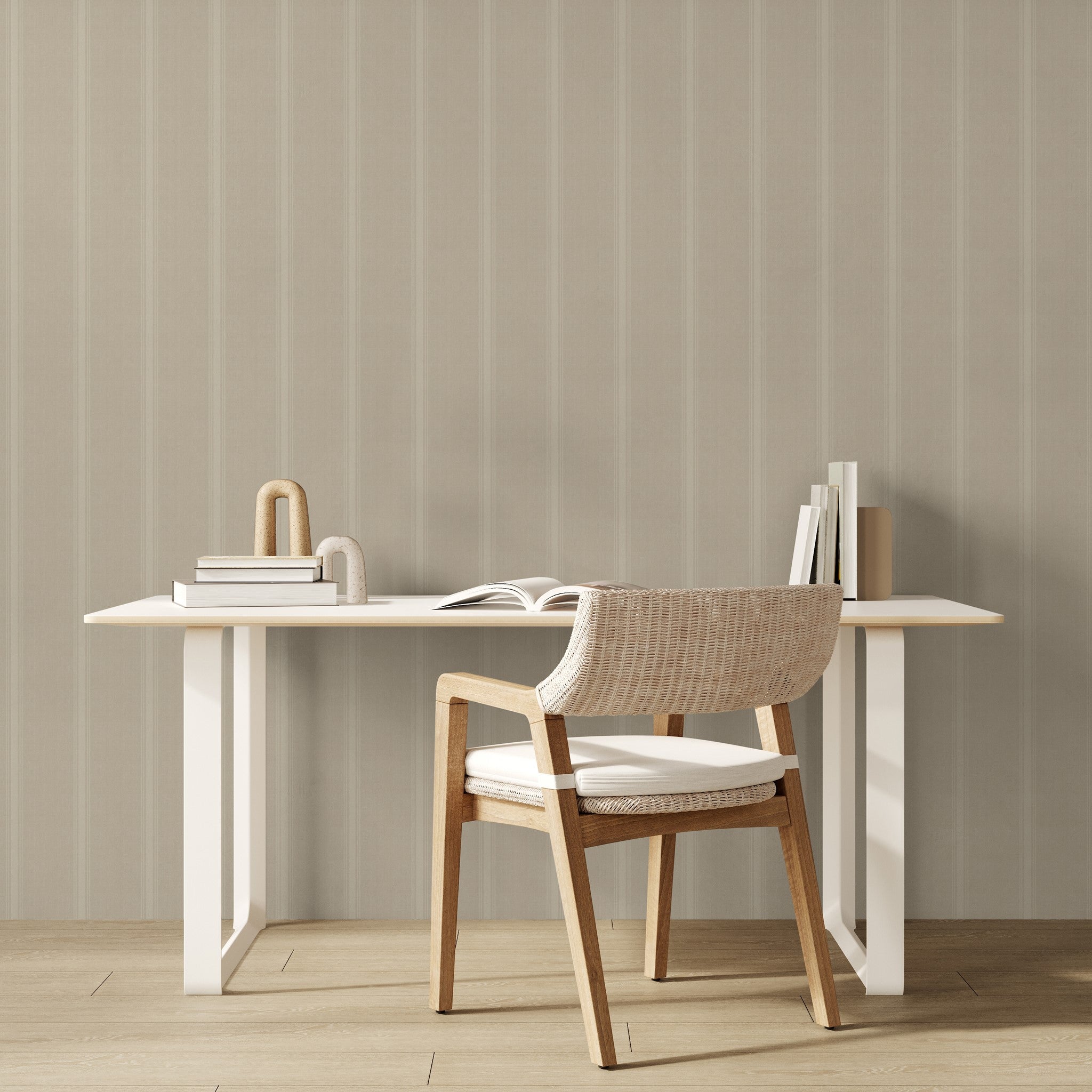 Alt: "Little Haven Wallpaper by Wall Blush in a modern home office, beige striped design enhancing the room's serene ambiance."