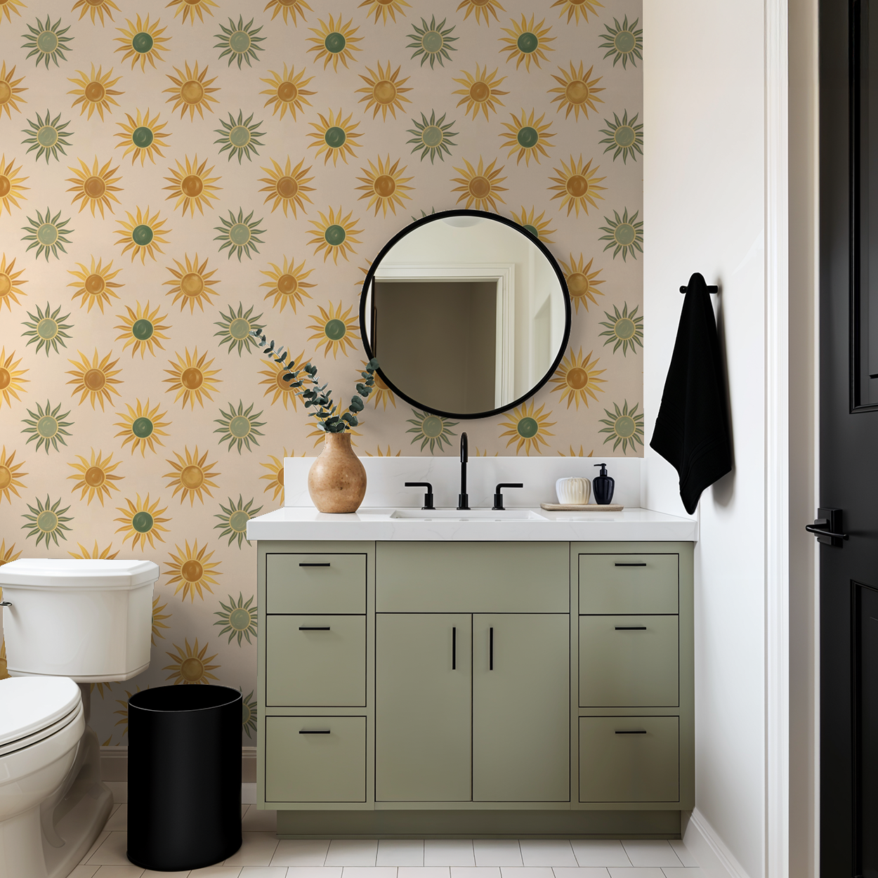 Verano wallpaper with golden suns and green motifs in a modern bathroom setting.