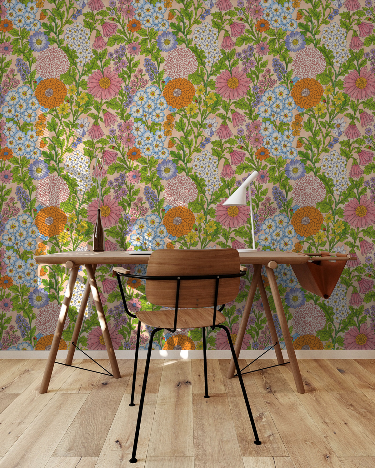 Vibrant floral wallpaper with pink, blue, orange flowers in a modern room setting.