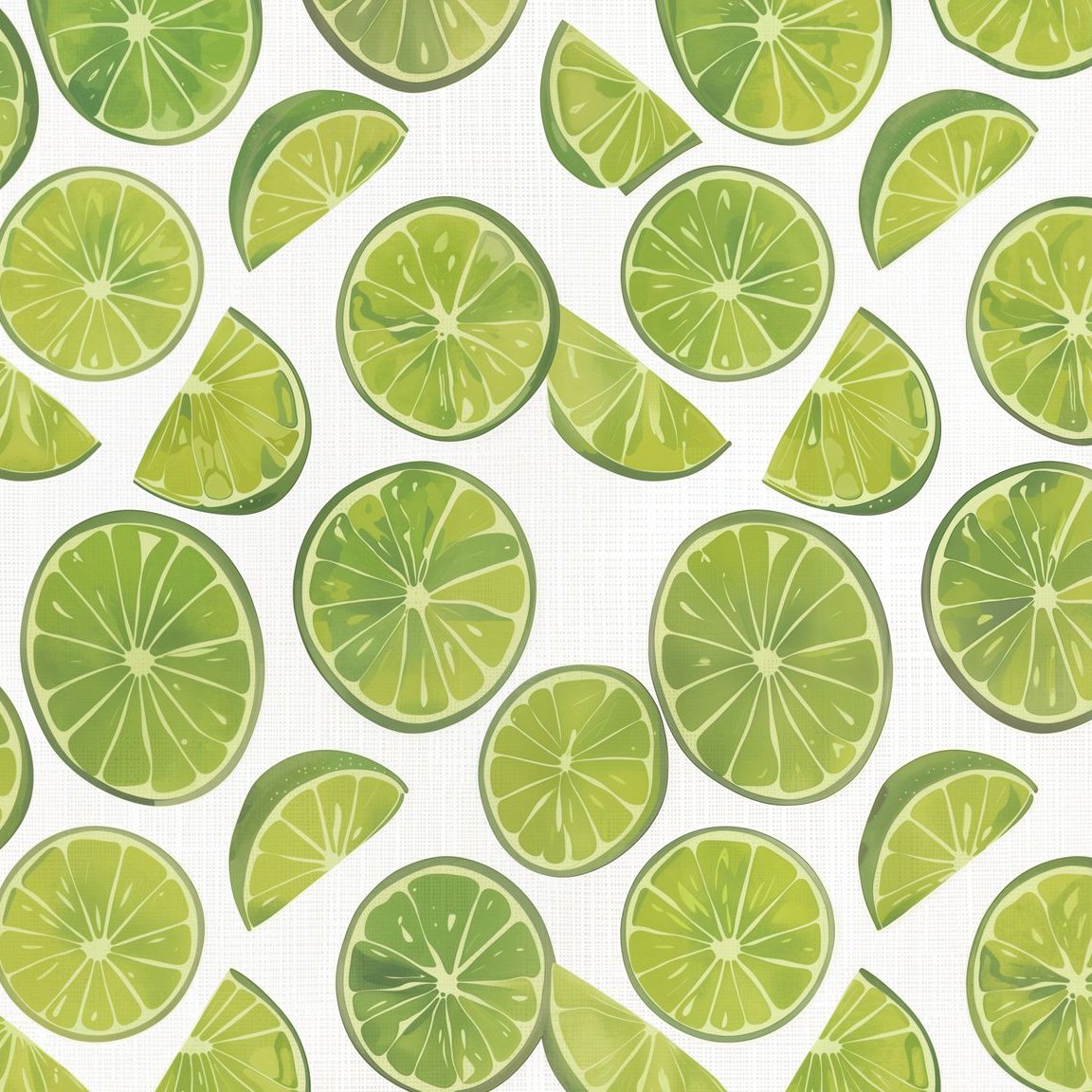 Vibrant lime slices pattern on white background, tropical citrus wallpaper.