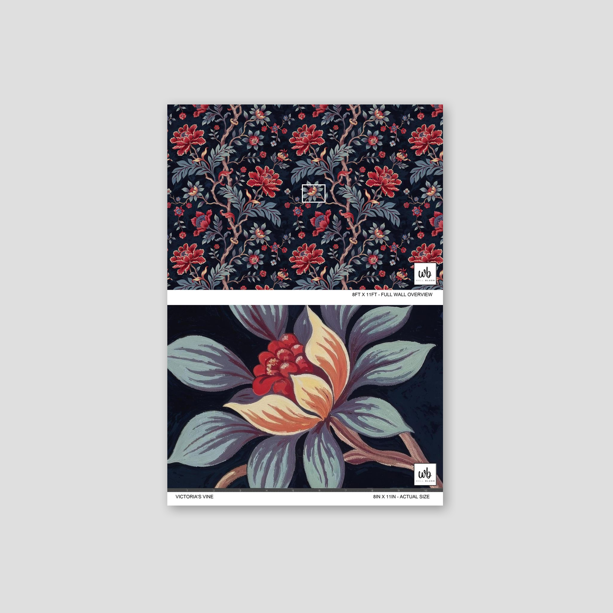 Victoria's Vine wallpaper with red floral motifs on midnight blue background.