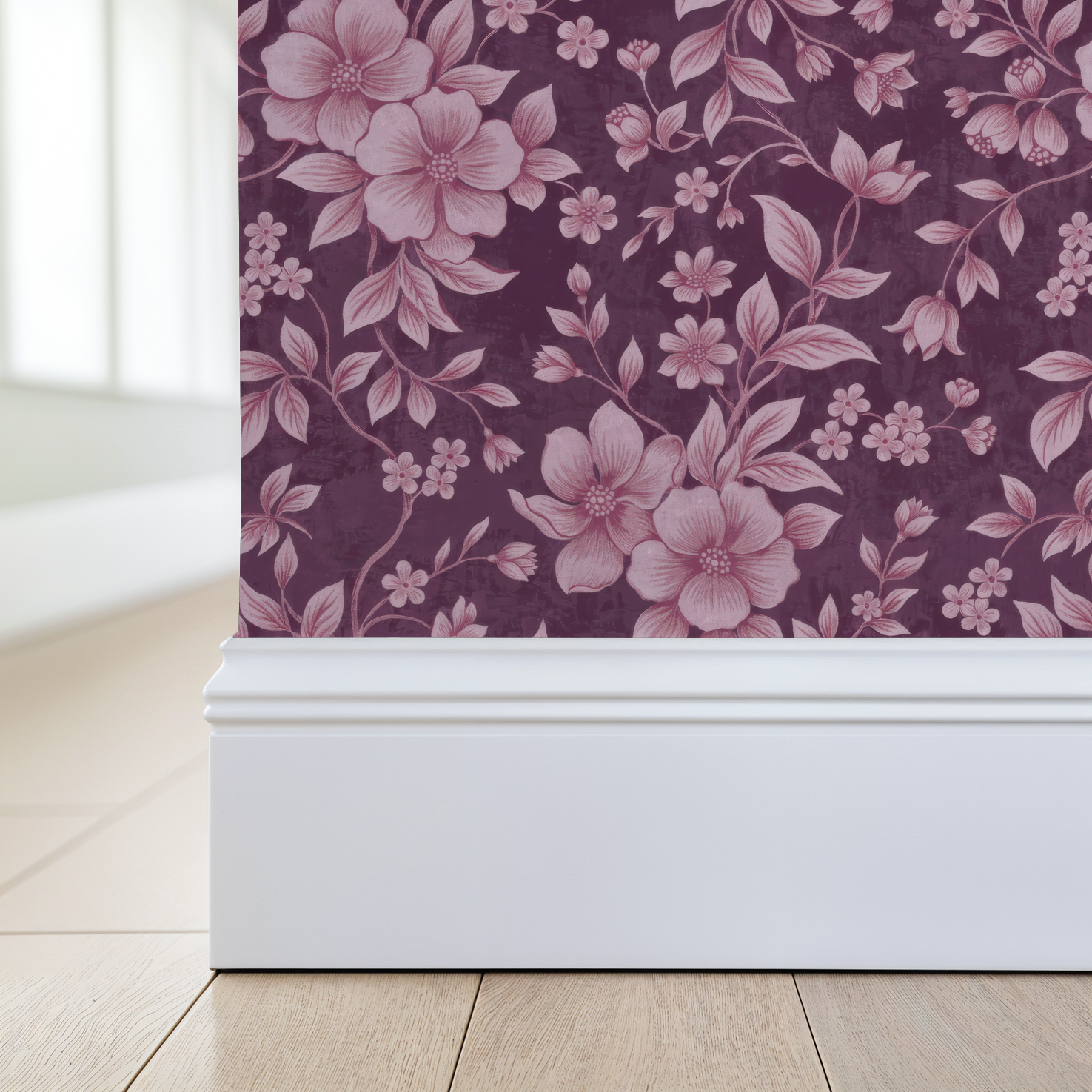 Vienna wallpaper with pink florals on deep purple background in room setting.