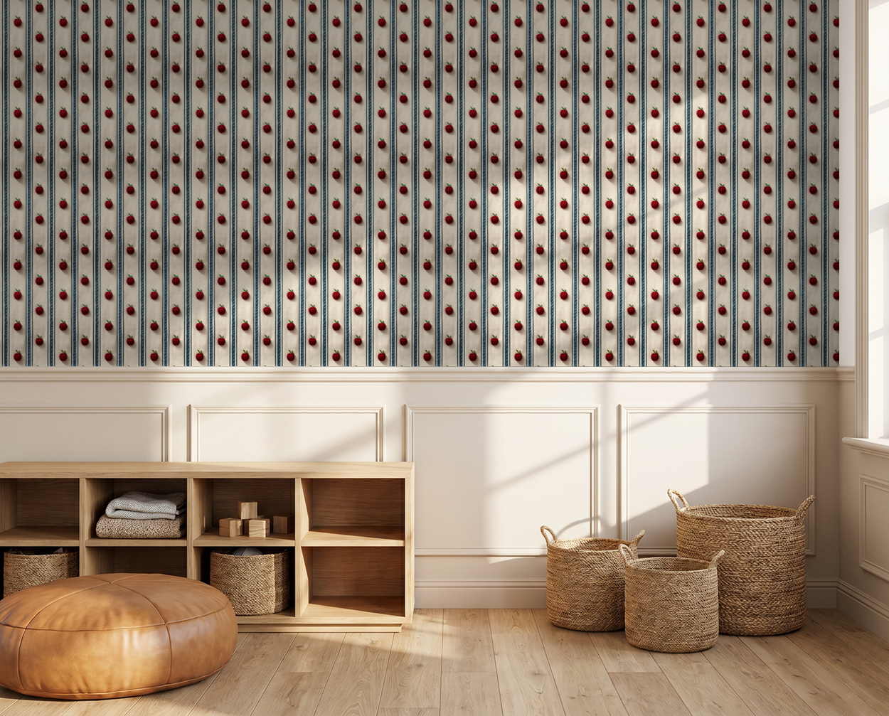 Vintage apple and blue stripe wallpaper in cozy living room with wicker baskets.