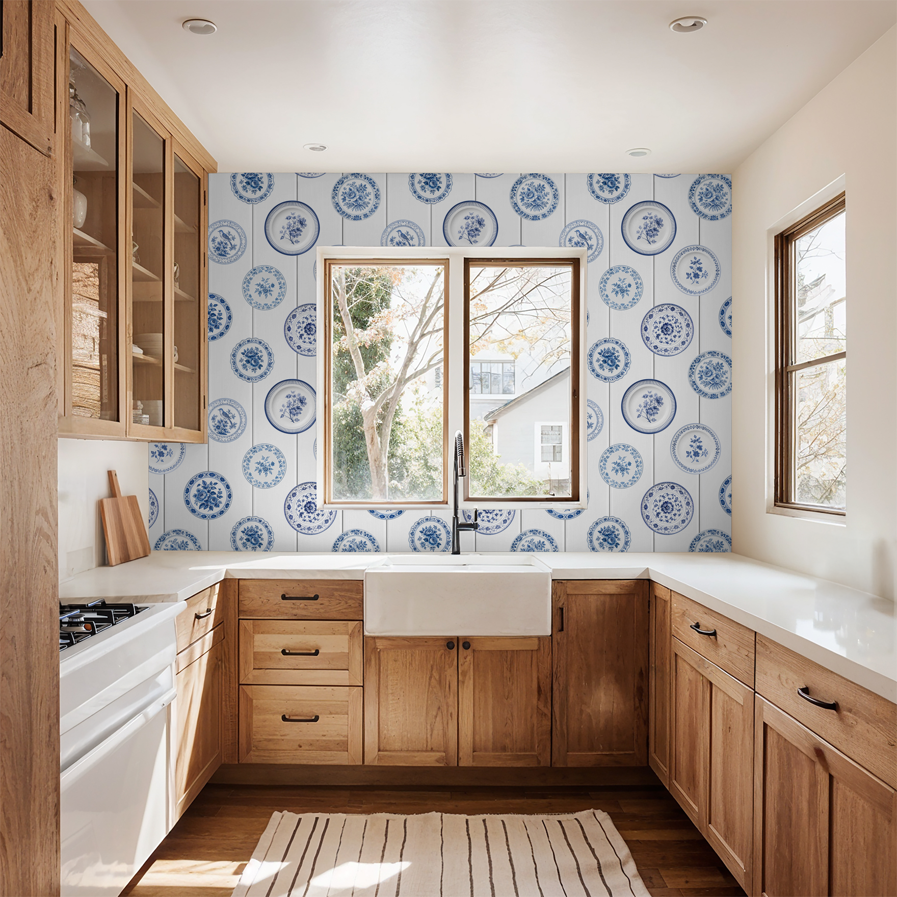 Vintage blue porcelain plate wallpaper in a rustic kitchen setting.
