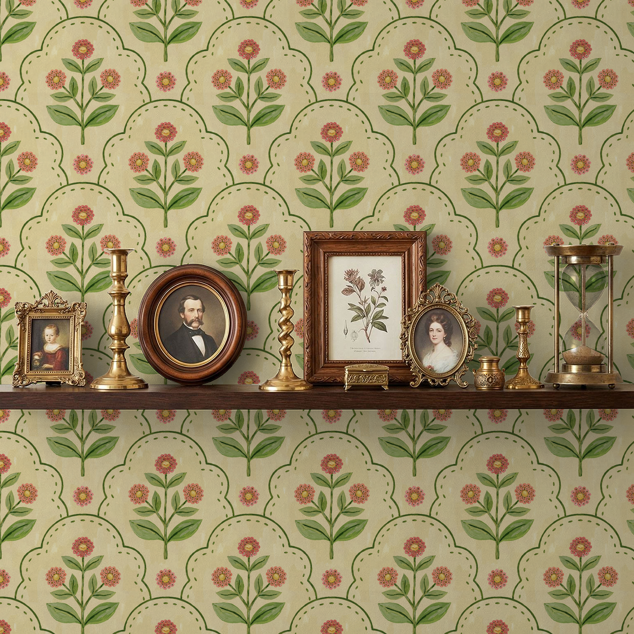 Vintage floral wallpaper with coral blooms and green leaves in a classic room setting.