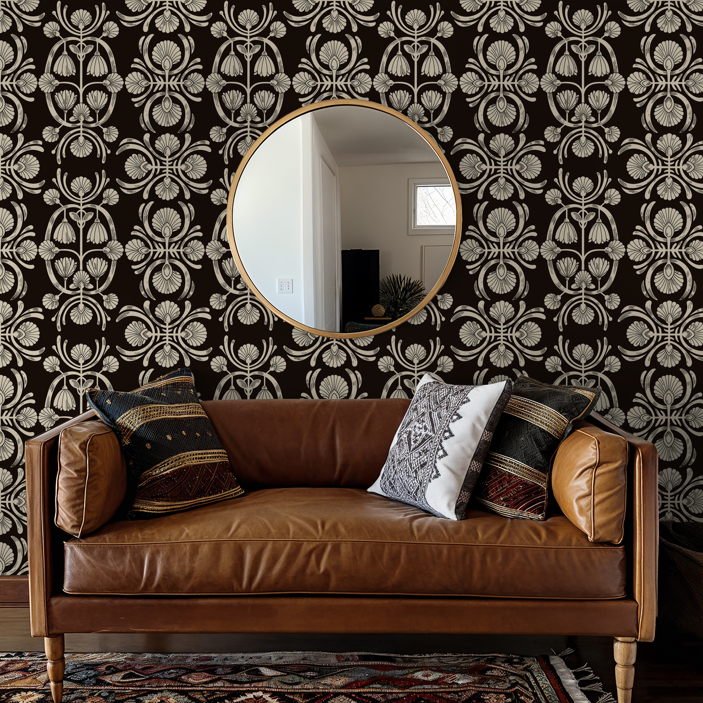 Vintage floral wallpaper with cream blooms on dark background in cozy living room.