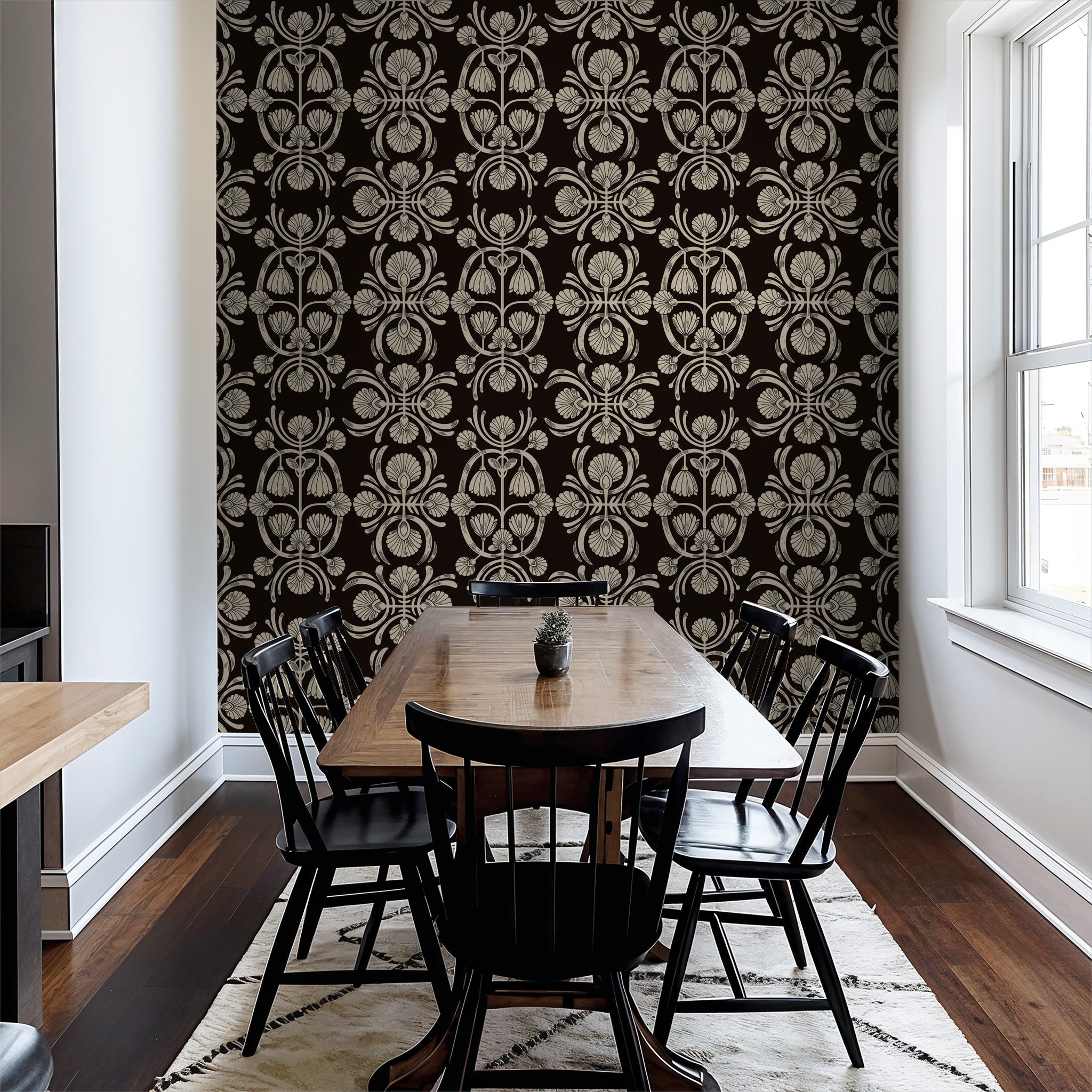 Vintage floral wallpaper with cream blooms on dark background in dining room.