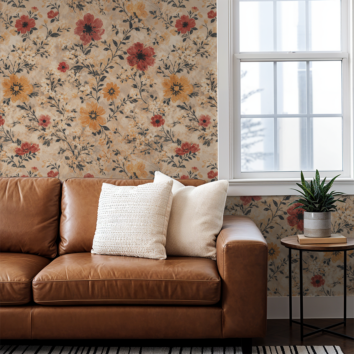 Vintage floral wallpaper with red and amber flowers in cozy living room with brown leather sofa.