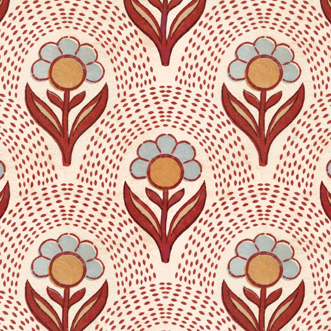Vintage floral wallpaper with stylized rust and ochre flowers on cream background.